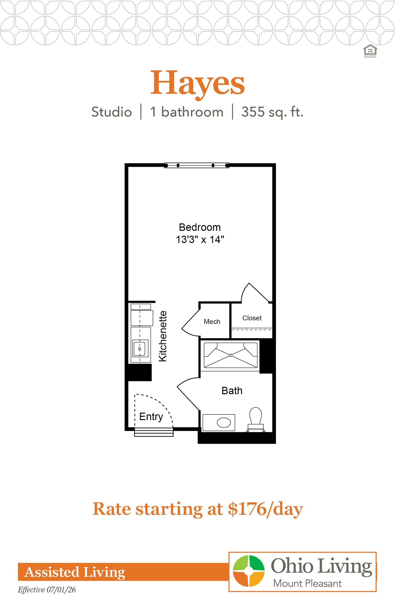 The Hayes assisted living floor plan is a studio with one bathroom, 355 sq ft including bedroom area, kitchenette, and bath. Rate starts at $176 per day.