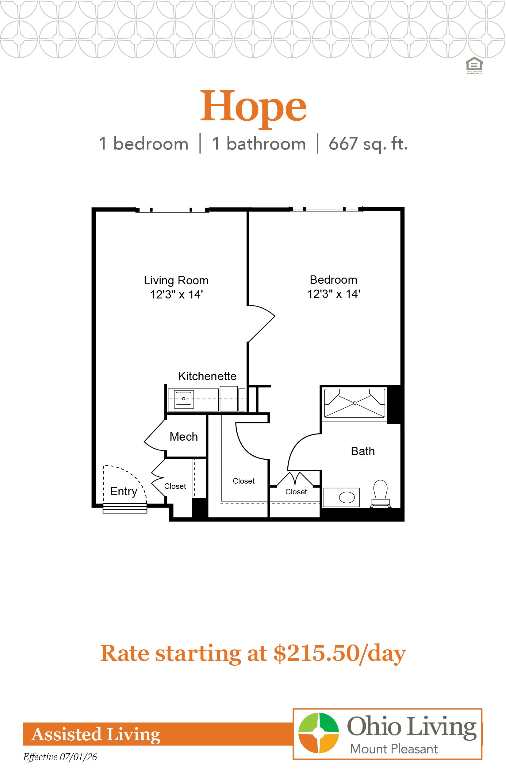 The Hope assisted living floor plan includes one bedroom, one bathroom, 667 sq ft with living room, kitchenette, and bath. Rate starts at $215.50 per day.