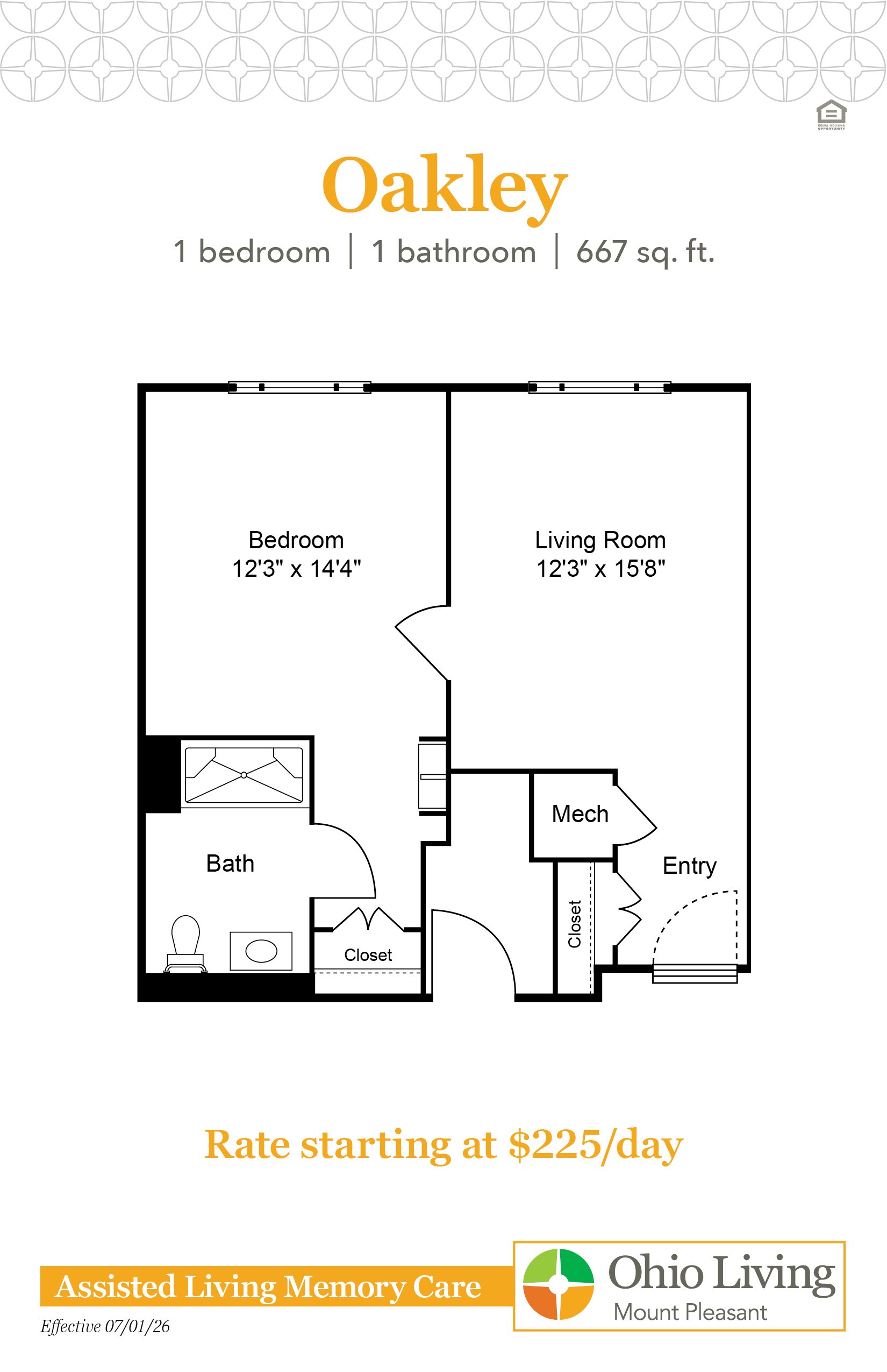 The Oakley memory care floor plan includes one bedroom, one bathroom, 667 sq ft with living room and bath. Rate starts at $225 per day.