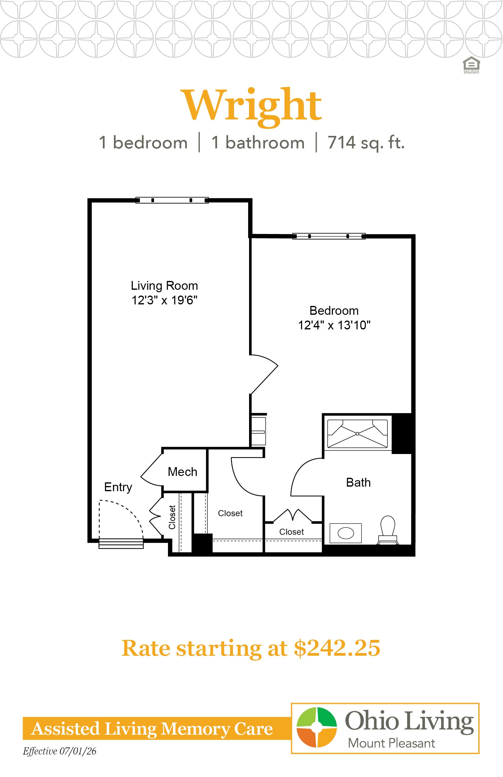 The Wright memory care floor plan features one bedroom, one bathroom, 714 sq ft with living room and bath. Rate starts at $242.25 per day.