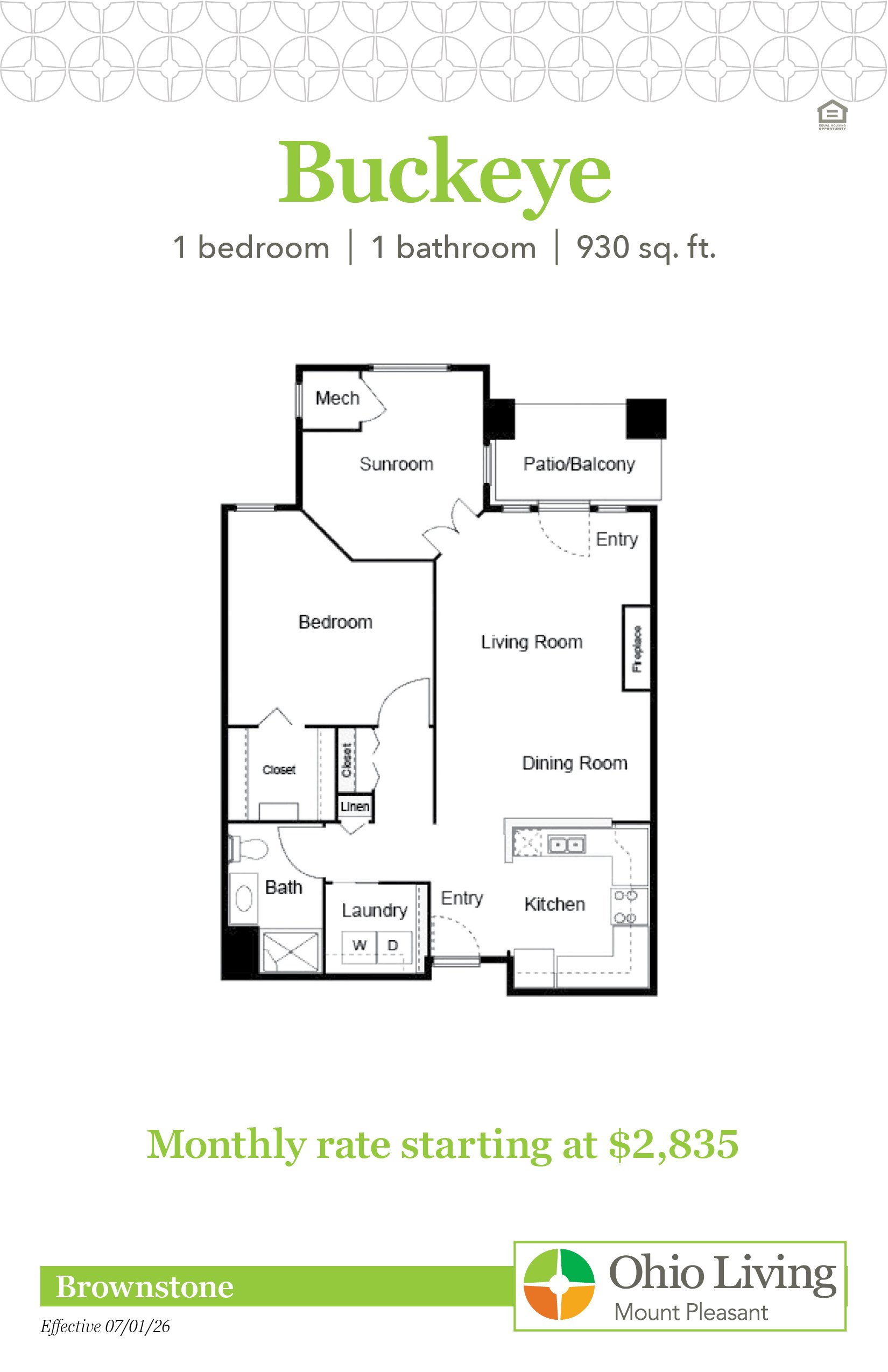The Buckeye brownstone floor plan features one bedroom, one bathroom, 930 sq ft with living room, sunroom, patio or balcony, kitchen, dining room, and bath. Monthly rate starts at $2,835.