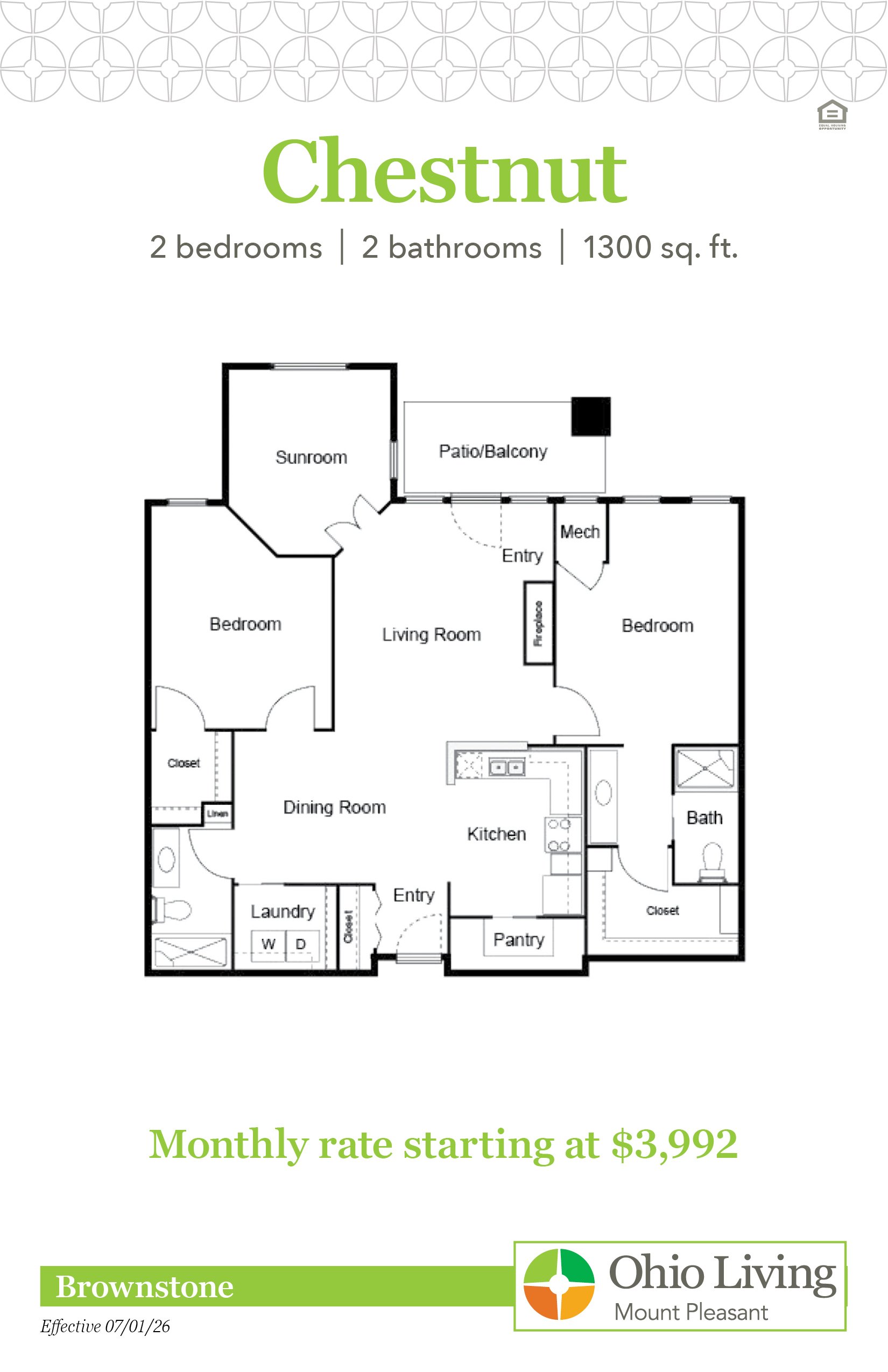 The Chestnut brownstone floor plan offers two bedrooms, two bathrooms, 1300 sq ft with living room, sunroom, patio or balcony, kitchen, dining room, and baths. Monthly rate starts at $3,992.