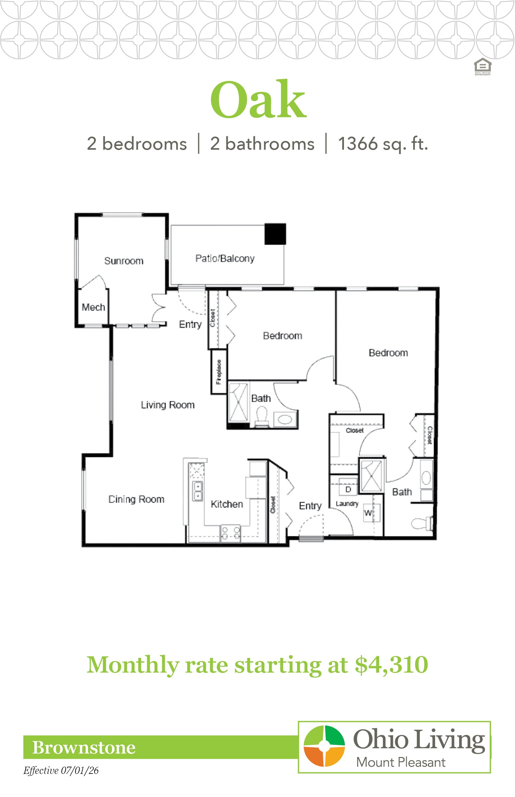 The Oak brownstone floor plan includes two bedrooms, two bathrooms, 1366 sq ft with living room, sunroom, patio or balcony, kitchen, dining room, and baths. Monthly rate starts at $4,310.