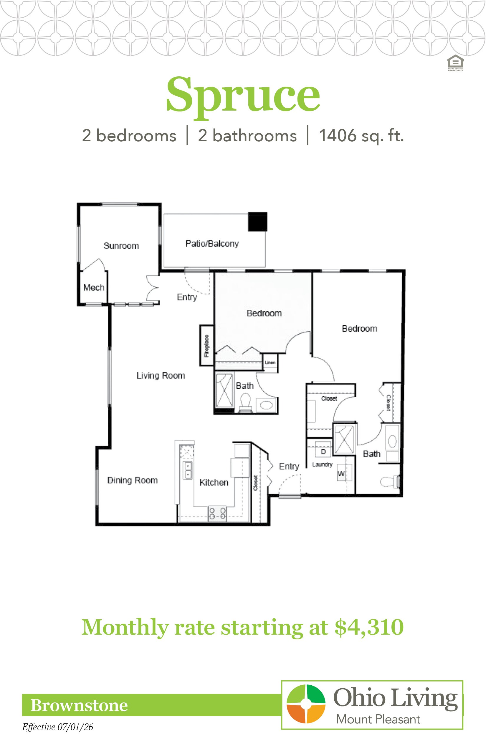 The Spruce brownstone floor plan features two bedrooms, two bathrooms, 1406 sq ft with living room, sunroom, patio or balcony, kitchen, dining room, and baths. Monthly rate starts at $4,310.