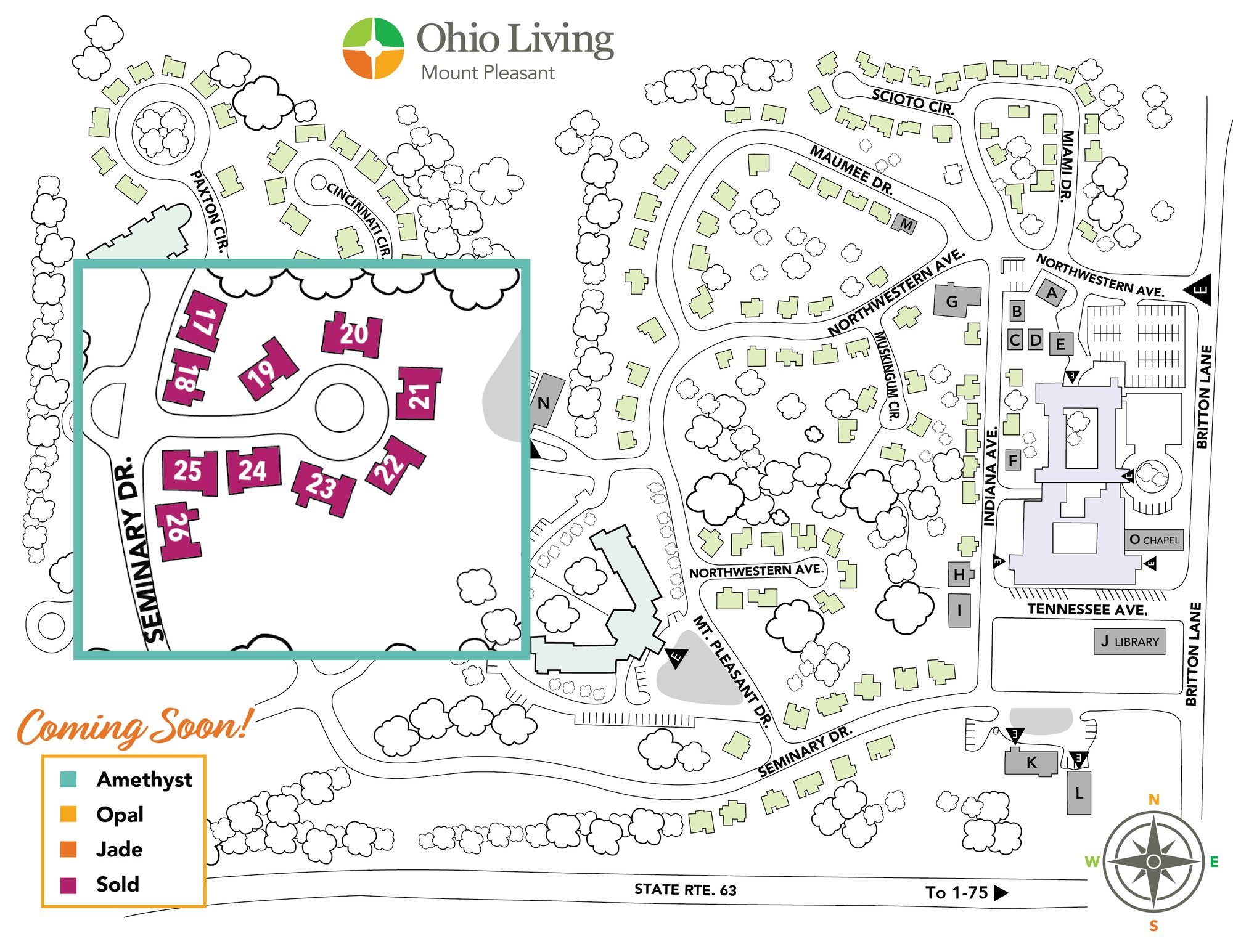 Map of Ohio Living Mount Pleasant showing all 10 new ranches sold within independent living, assisted living, and community buildings. Highlights “Coming Soon” Amethyst, Opal, and Jade homes, plus sold units. Includes labeled roads, chapel, library, and compass rose, illustrating the senior living campus layout.