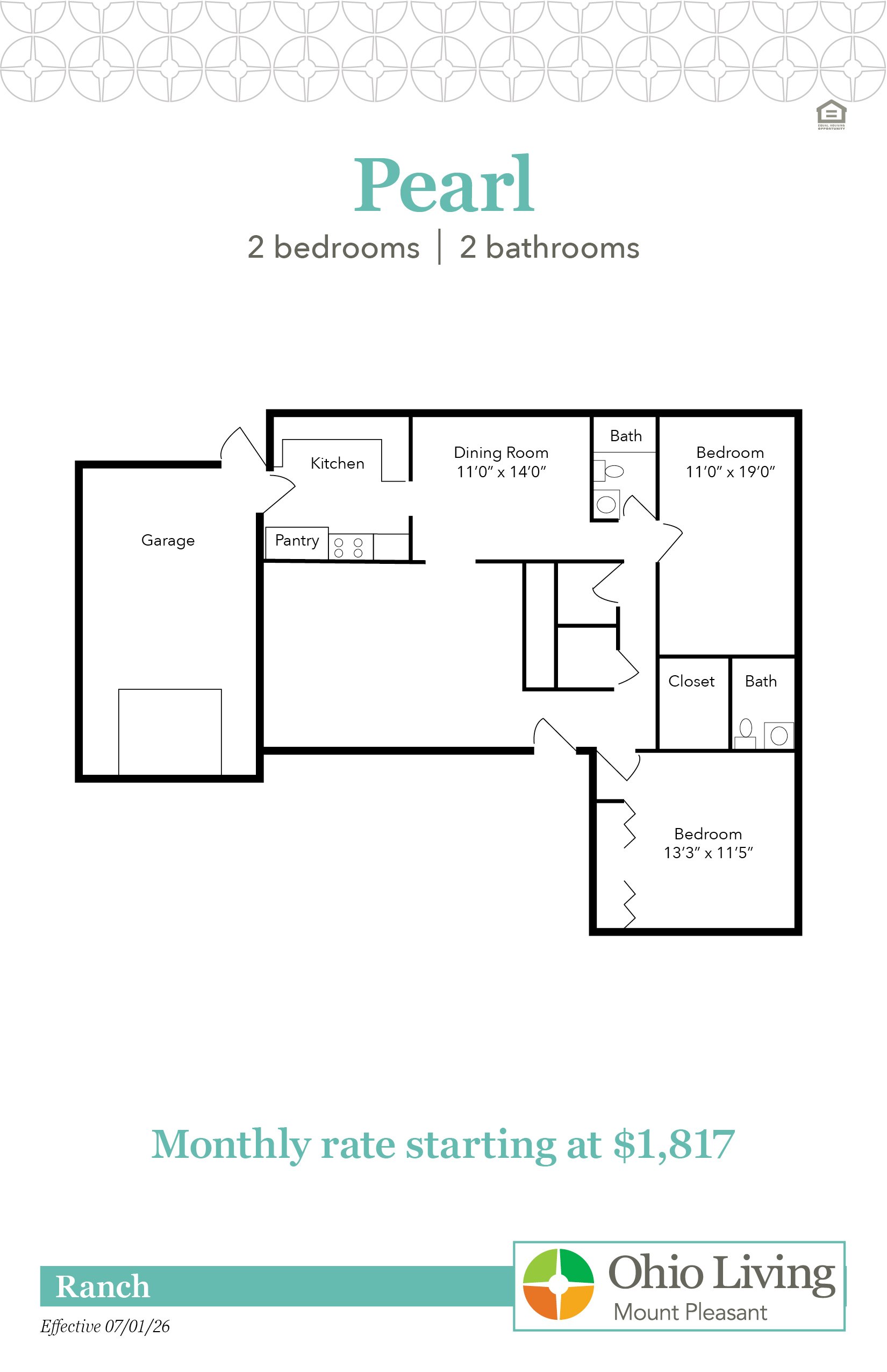 The Pearl ranch floor plan includes two bedrooms, two bathrooms with dining room, kitchen, and garage. Monthly rate starts at $1,817.