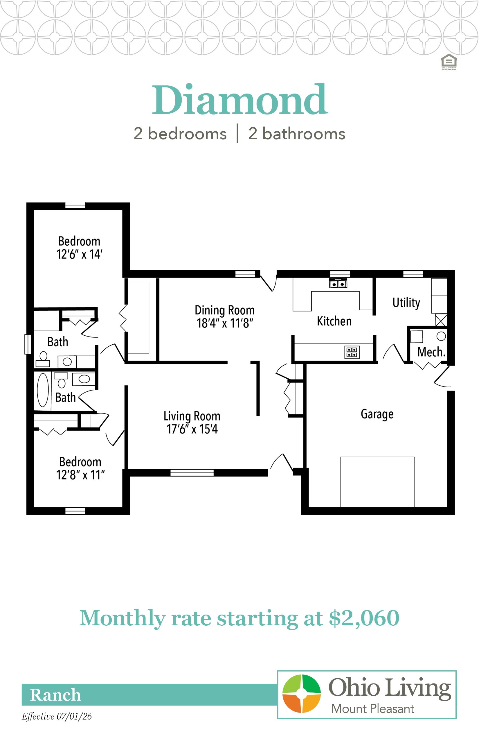 The Diamond ranch floor plan includes two bedrooms, two bathrooms with living and dining rooms, kitchen, and garage. Monthly rate starts at $2,060.