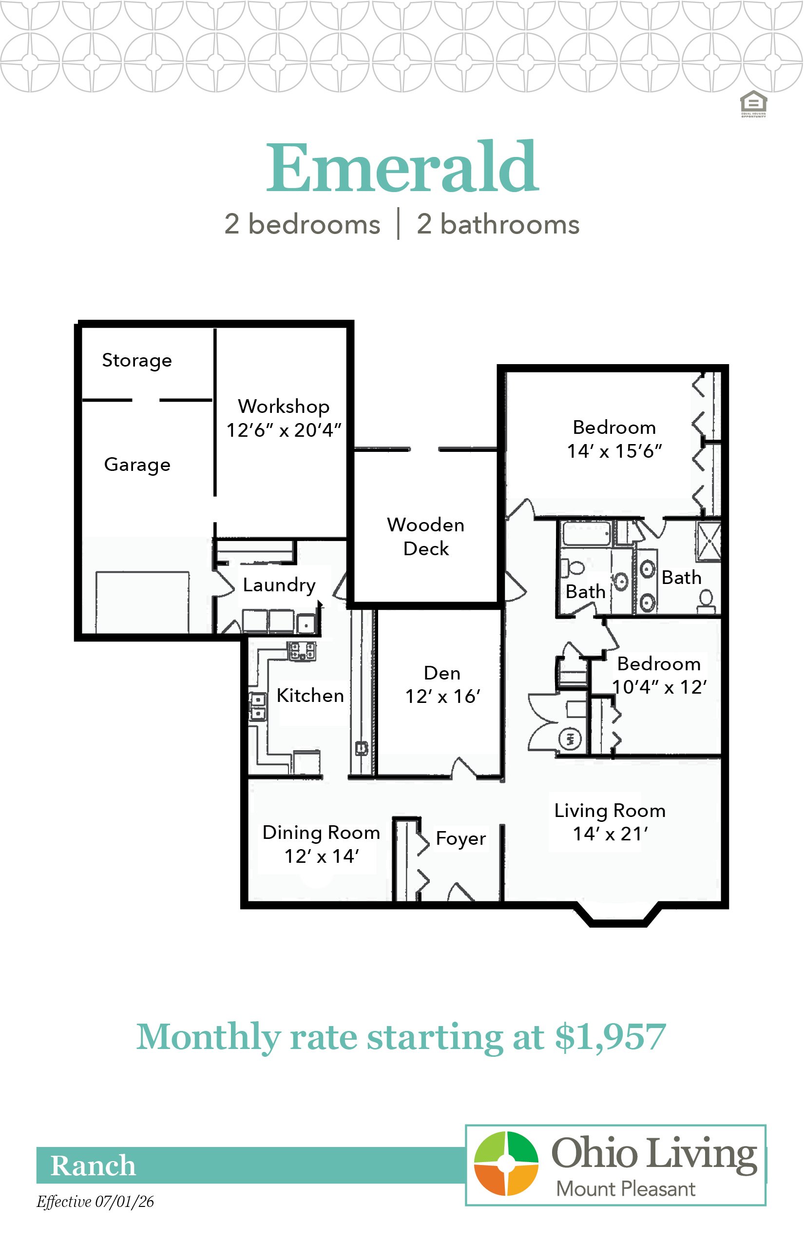 The Emerald ranch floor plan features two bedrooms, two bathrooms with living and dining rooms, kitchen, den, workshop, and garage. Monthly rate starts at $1,957.