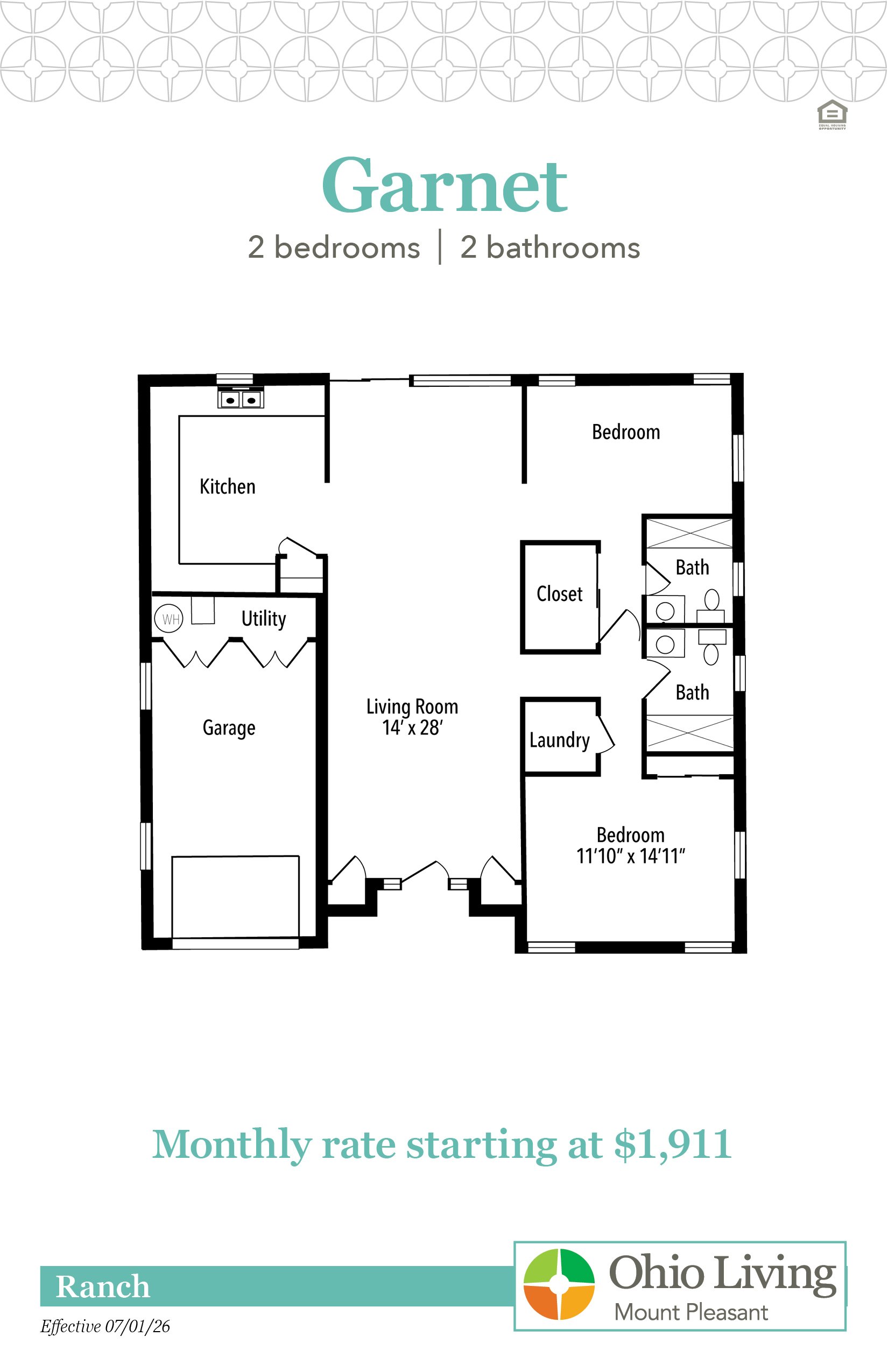 The Garnet ranch floor plan offers two bedrooms, two bathrooms with living room, kitchen, laundry, and garage. Monthly rate starts at $1,911.