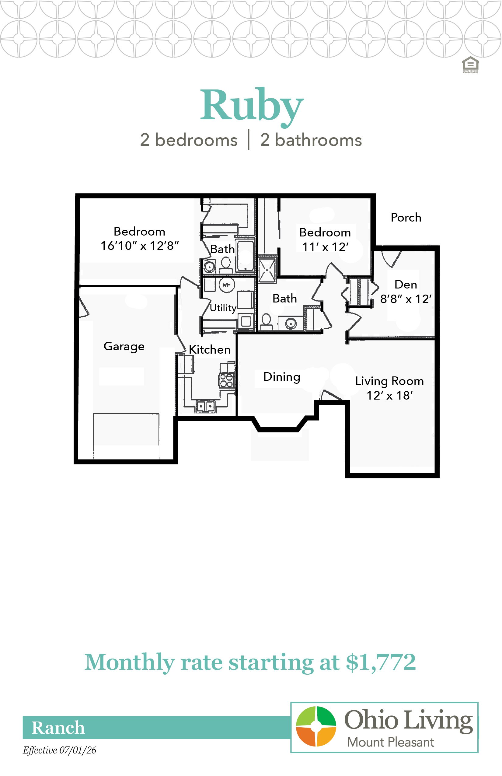 The Ruby ranch floor plan offers two bedrooms, two bathrooms with living and dining rooms, kitchen, den, and garage. Monthly rate starts at $1,772.