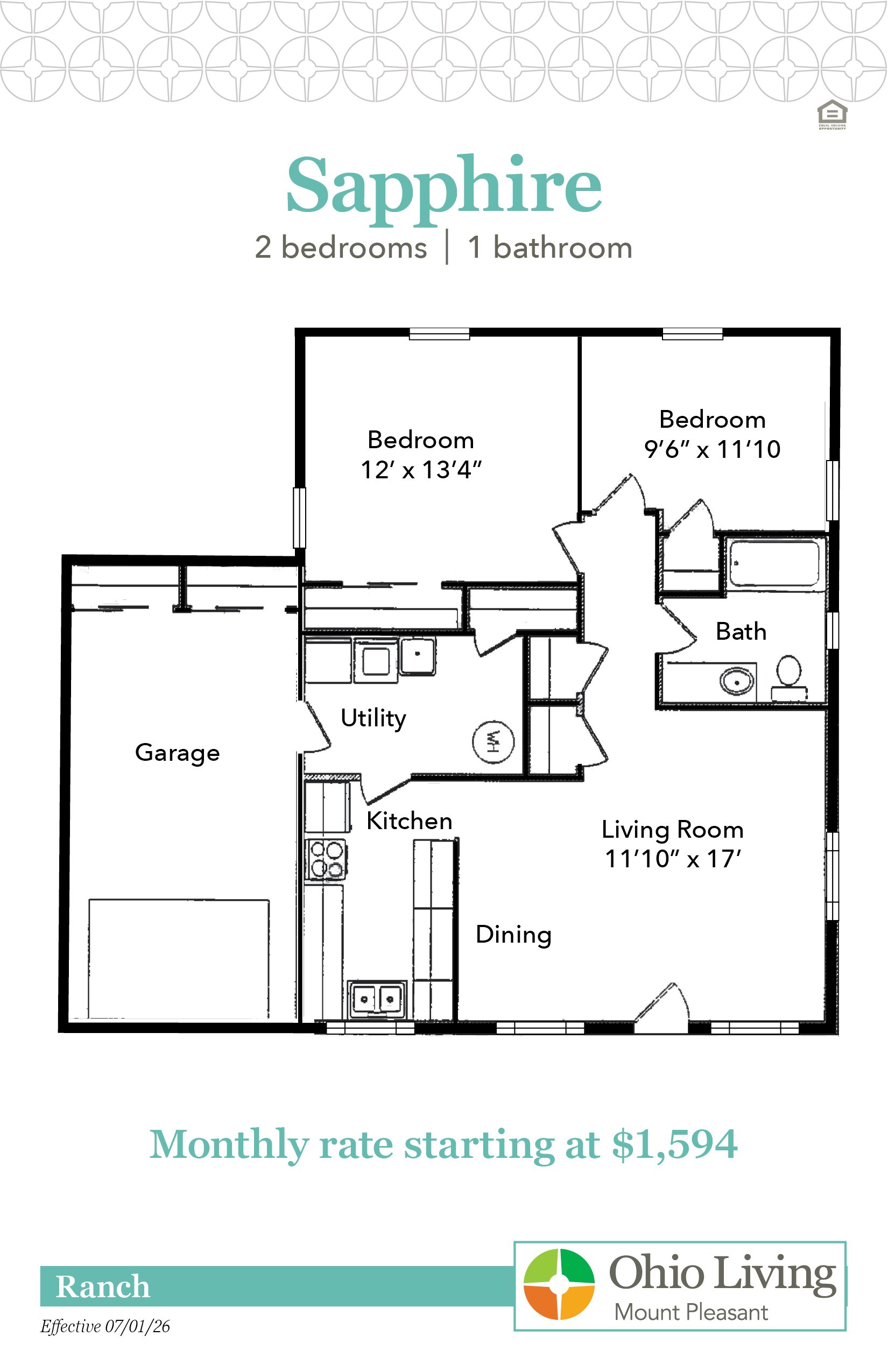 The Sapphire ranch floor plan includes two bedrooms, one bathroom with living room, dining area, kitchen, and garage. Monthly rate starts at $1,594.