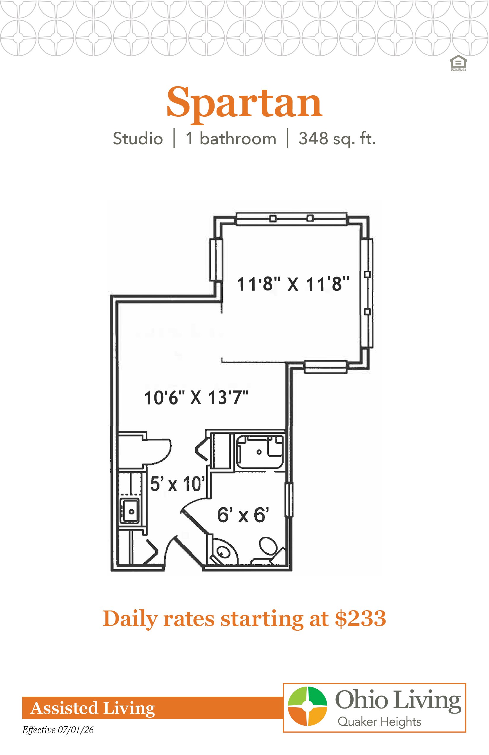Floor plan for the Spartan studio at Ohio Living Quaker Heights showing a 348 sq. ft. layout with one bathroom and rooms measuring 11'8" x 11'8", 10'6" x 13'7", 5' x 10', and 6' x 6'.