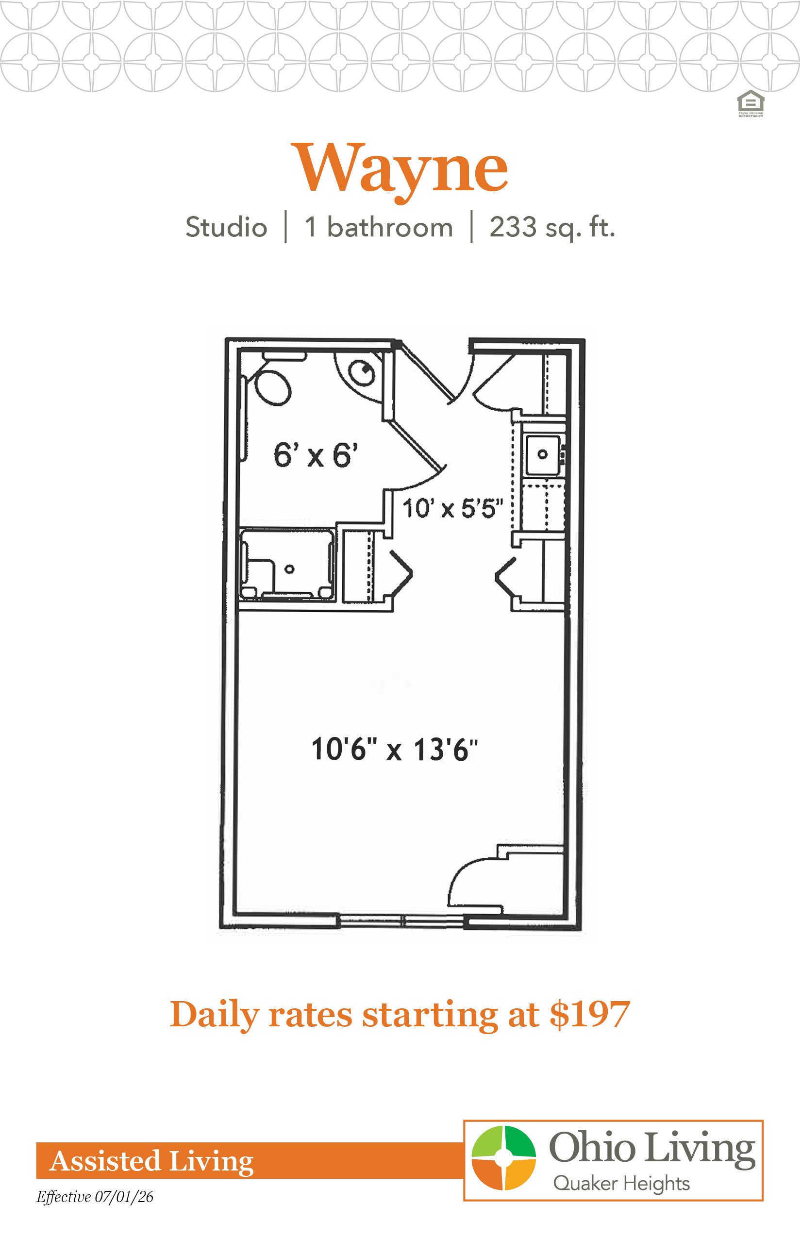 Floor plan for the Wayne studio at Ohio Living Quaker Heights showing a 233 sq. ft. layout with one bathroom and rooms measuring 6' x 6', 10' x 5'5", and 10'6" x 13'6".
