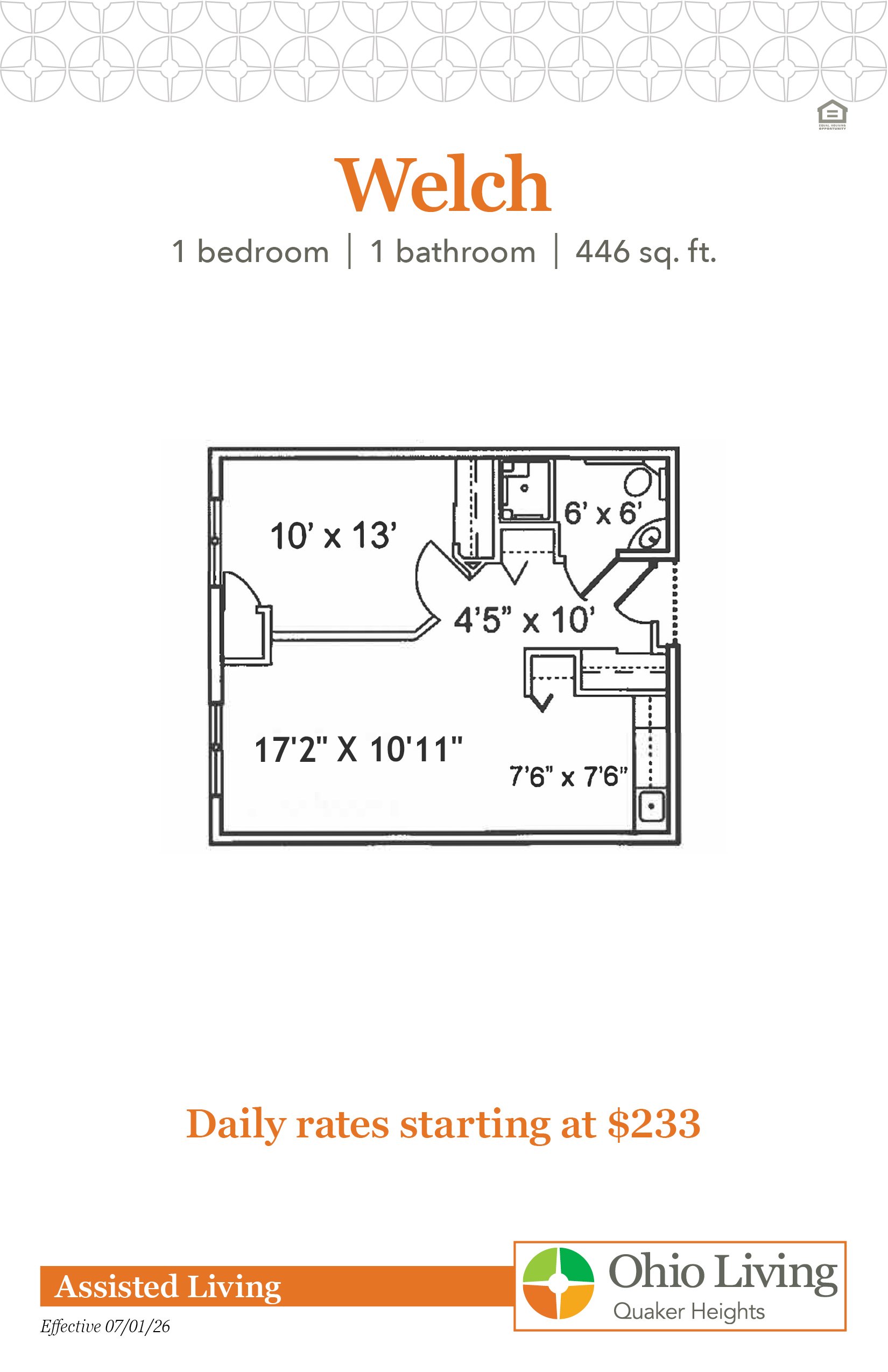 Floor plan for the Welch one‑bedroom at Ohio Living Quaker Heights showing a 446 sq. ft. layout with one bathroom and rooms measuring 10' x 13', 6' x 6', 4'5" x 10', 17'2" x 10'11", and 7'6" x 7'6".