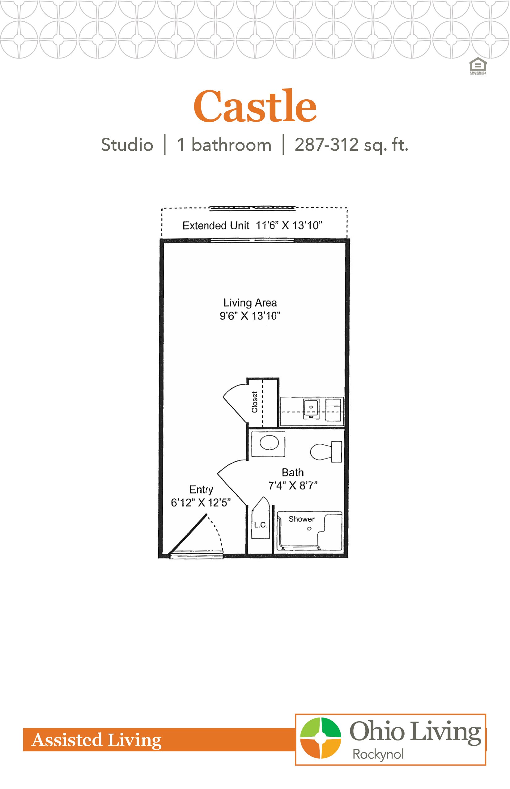 Castle floor plan: Studio, 1-bath apartment with an open living/sleeping area, kitchenette along one wall, entry closet, and accessible bathroom near the entrance.