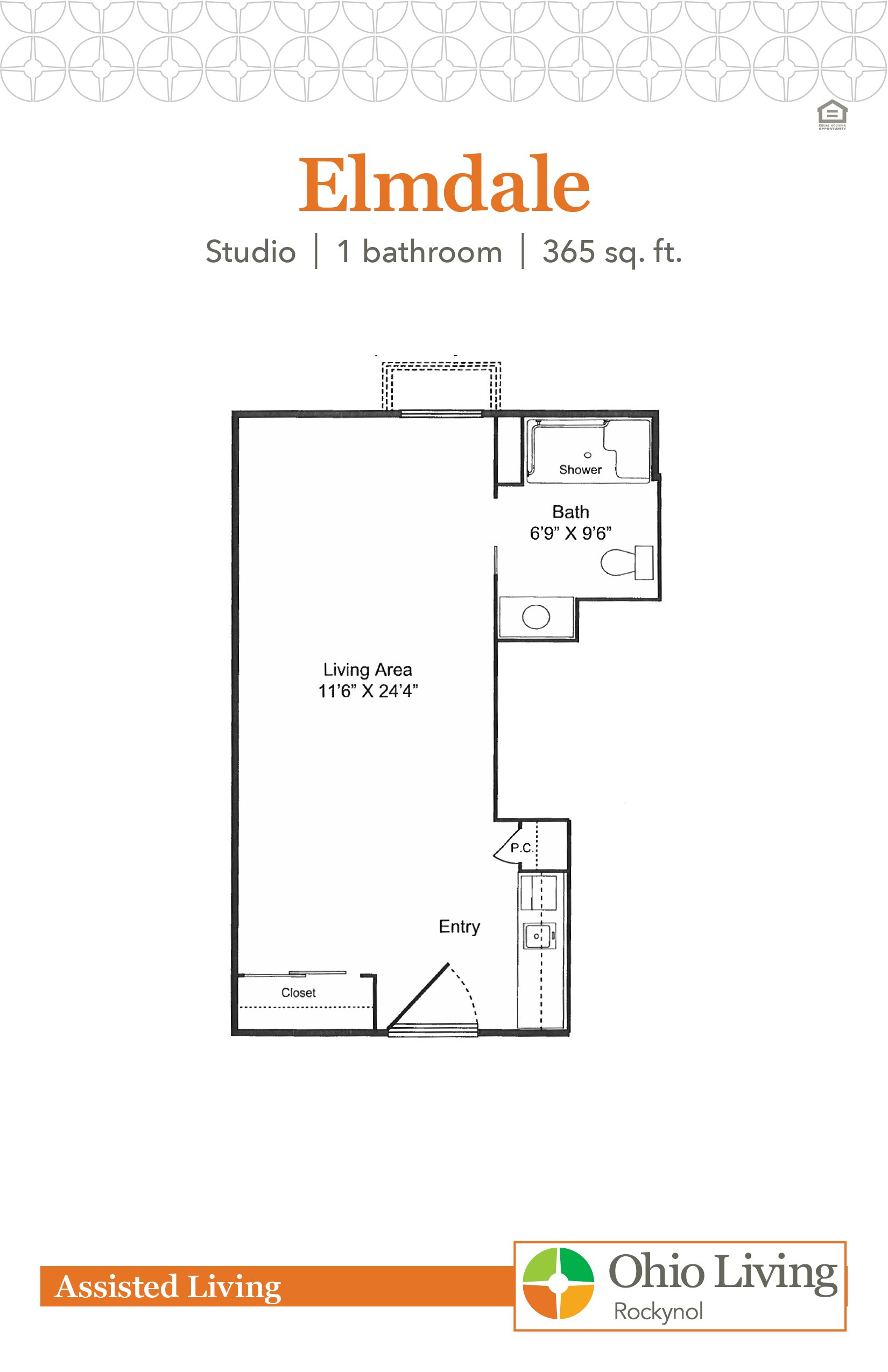 Elmdale floor plan: Studio, 1-bath apartment featuring a large open living/sleeping space, kitchenette near the entry, accessible bathroom, and closet for convenient storage.
