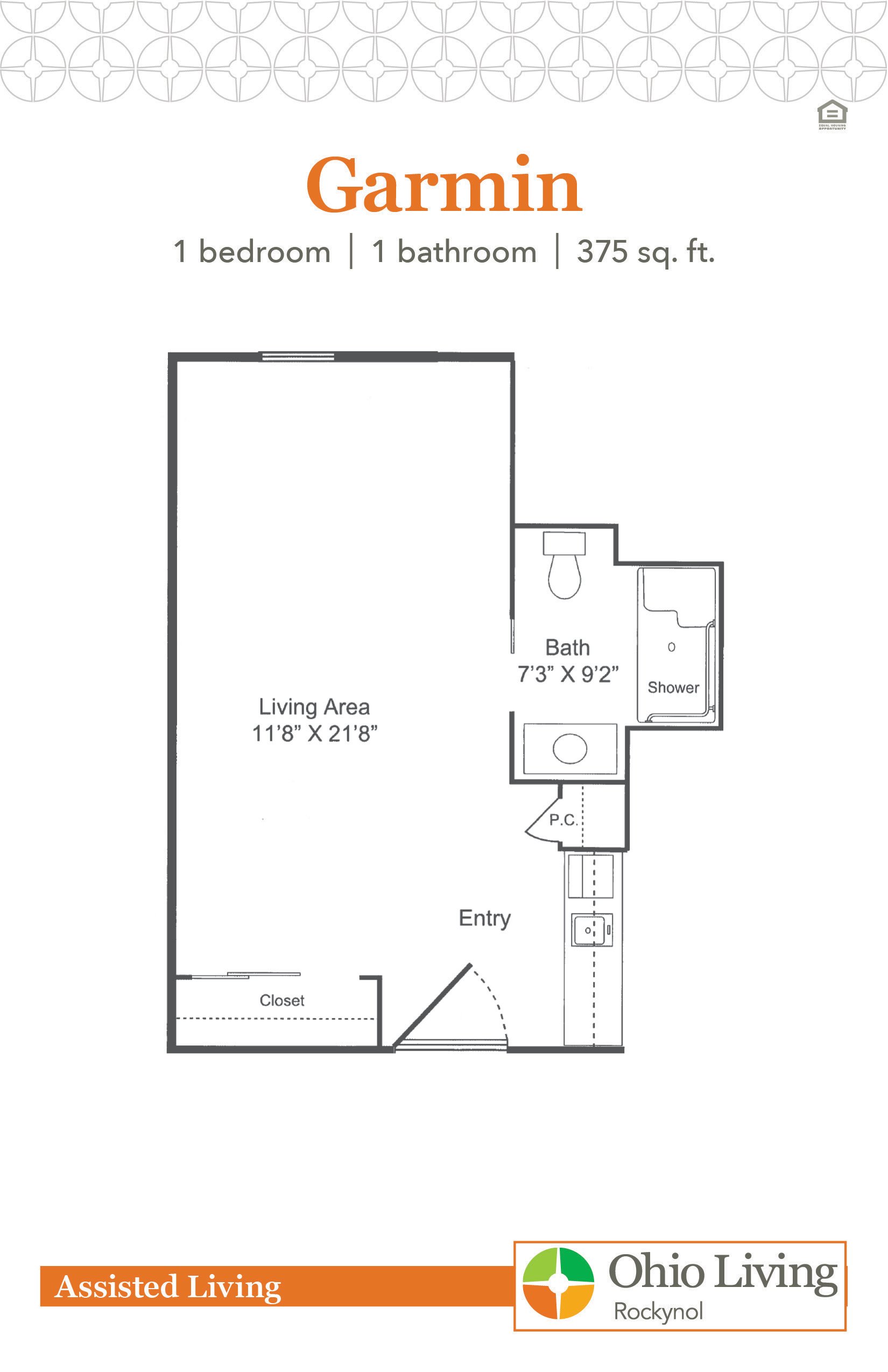 Garmin floor plan: One-bedroom, 1-bath apartment with a private bedroom, open living area, kitchenette near the entrance, accessible bathroom, and storage closet.