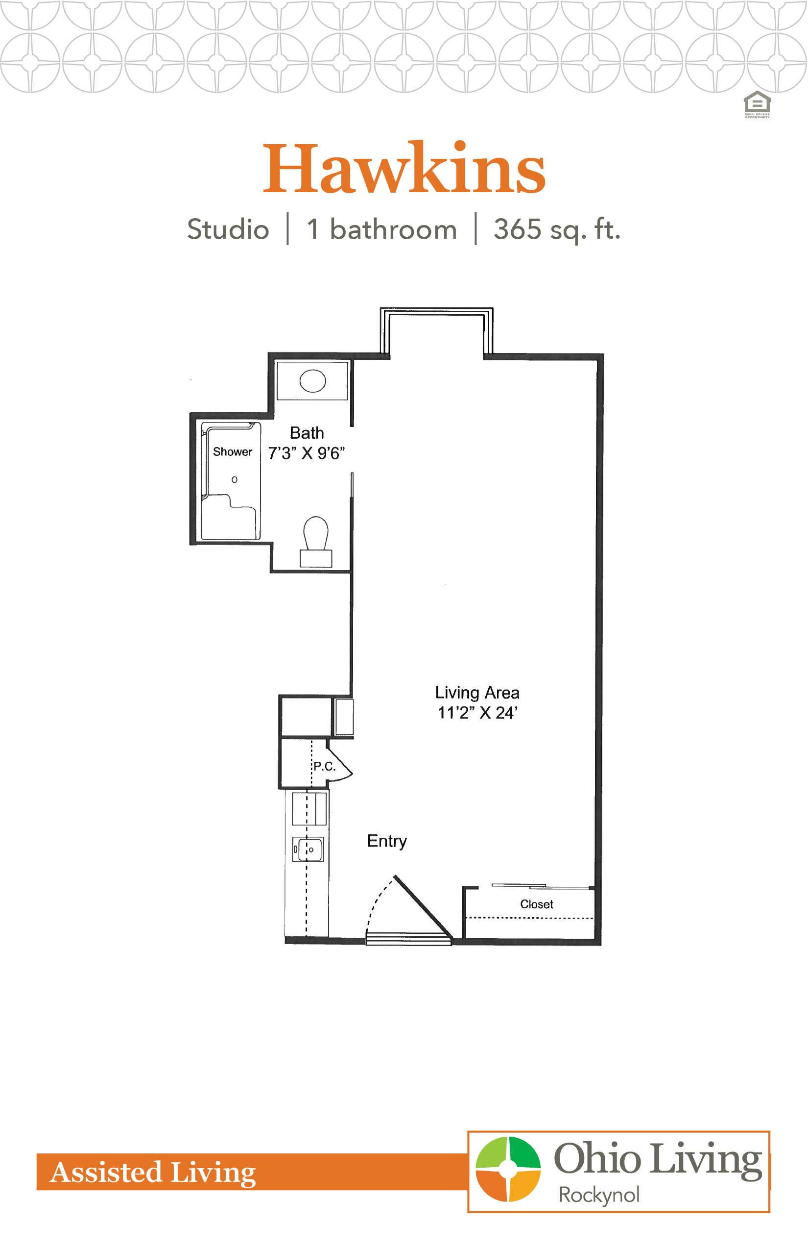 Hawkins floor plan: Studio, 1-bath apartment with a spacious open living/sleeping area, kitchenette by the entry, accessible bathroom, and closet for storage.