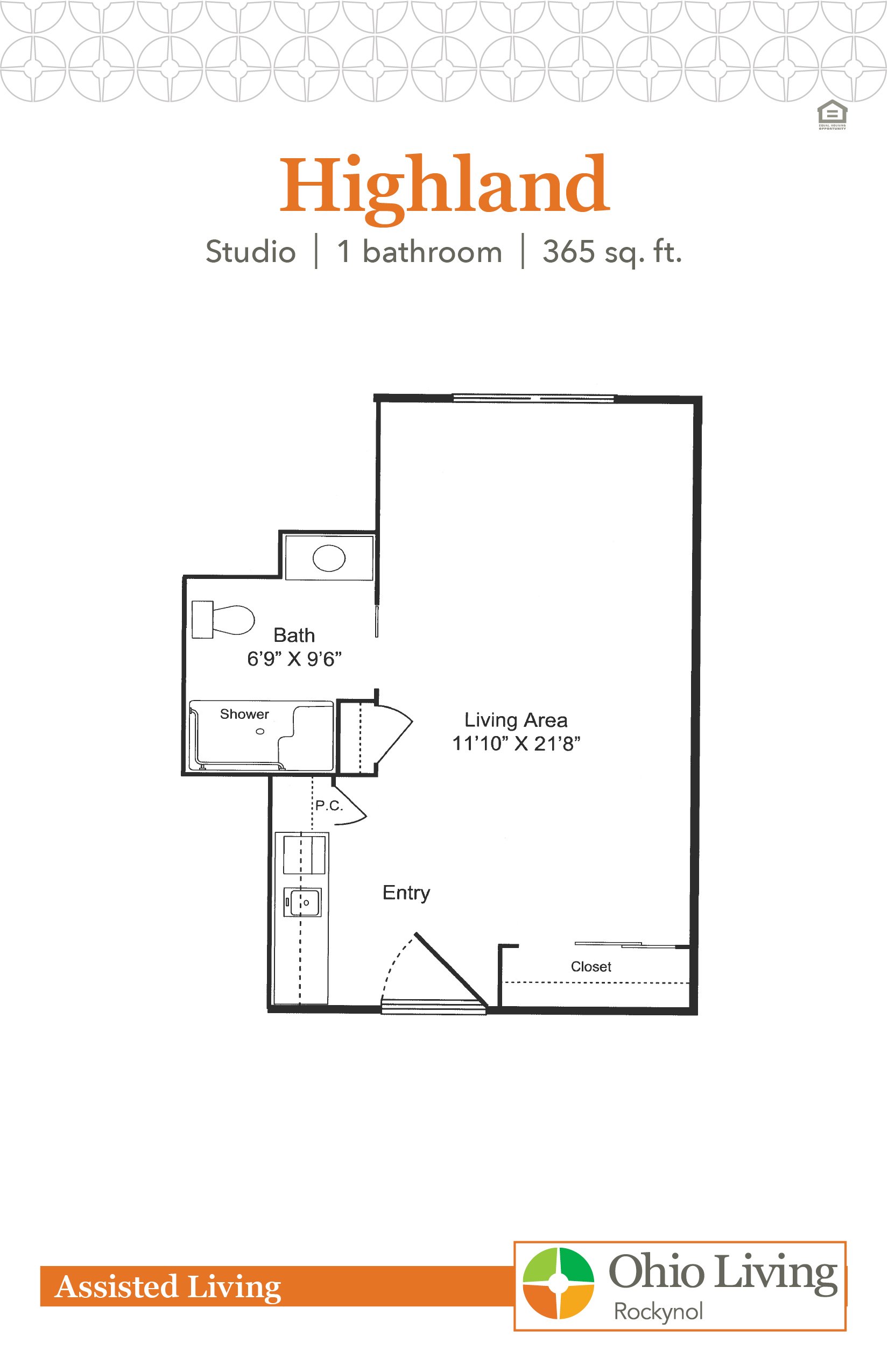 Highland floor plan: Studio, 1-bath apartment featuring an open living/sleeping space, kitchenette near the entrance, accessible bathroom, and storage closet.