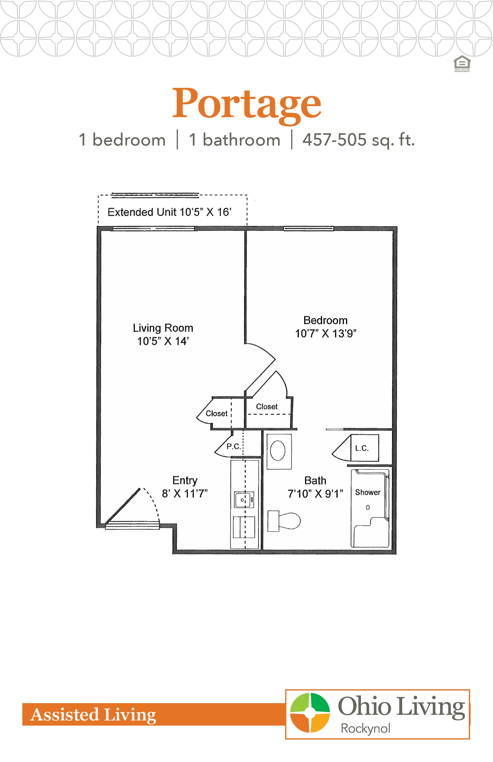 Portage floor plan: One-bedroom, 1-bath apartment with a private bedroom, spacious living room, kitchenette near the entry, accessible bathroom, and storage closets.