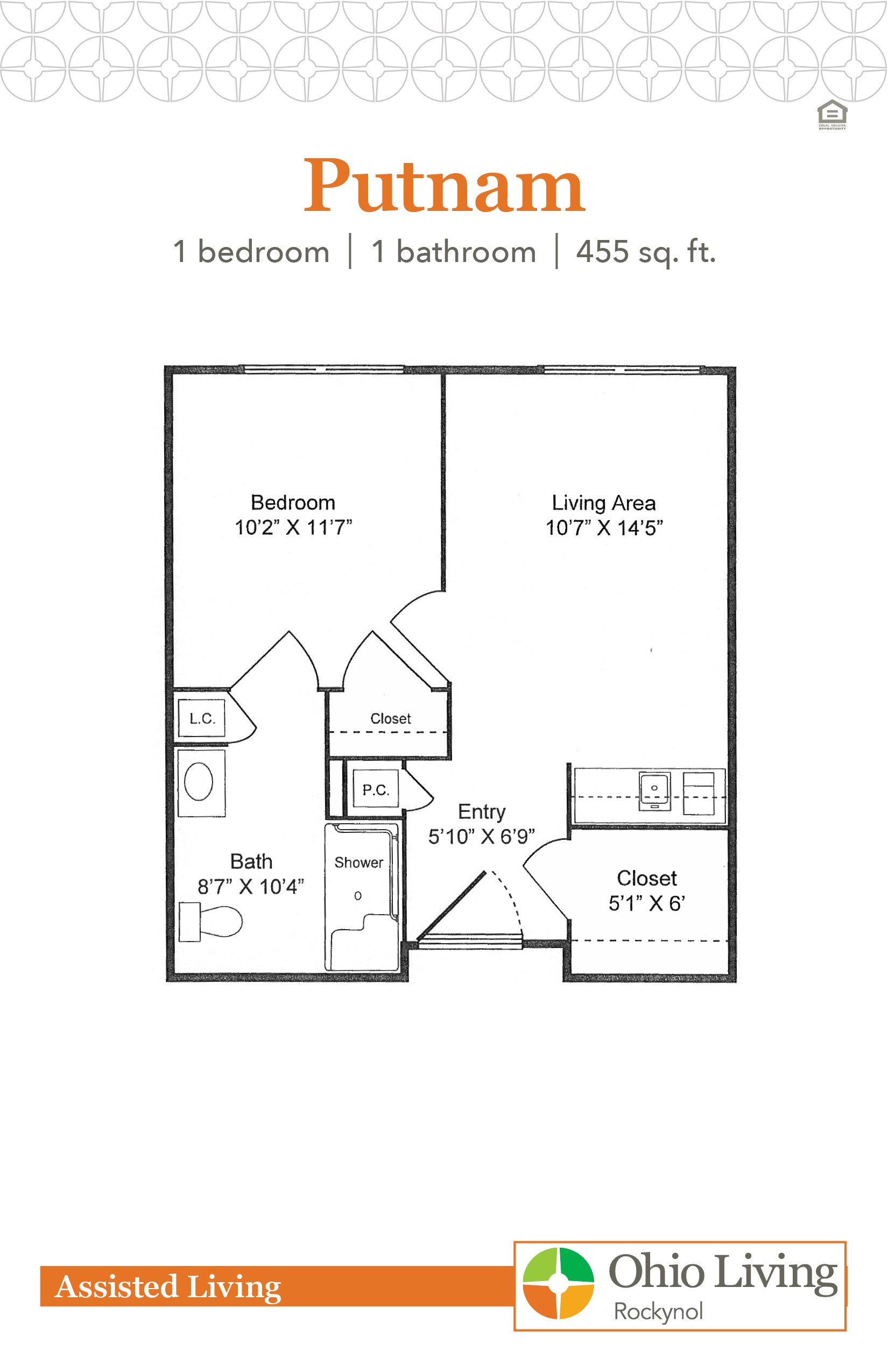 Putnam floor plan: One-bedroom, 1-bath apartment featuring a private bedroom, separate living room, kitchenette, accessible bathroom, and multiple storage closets.