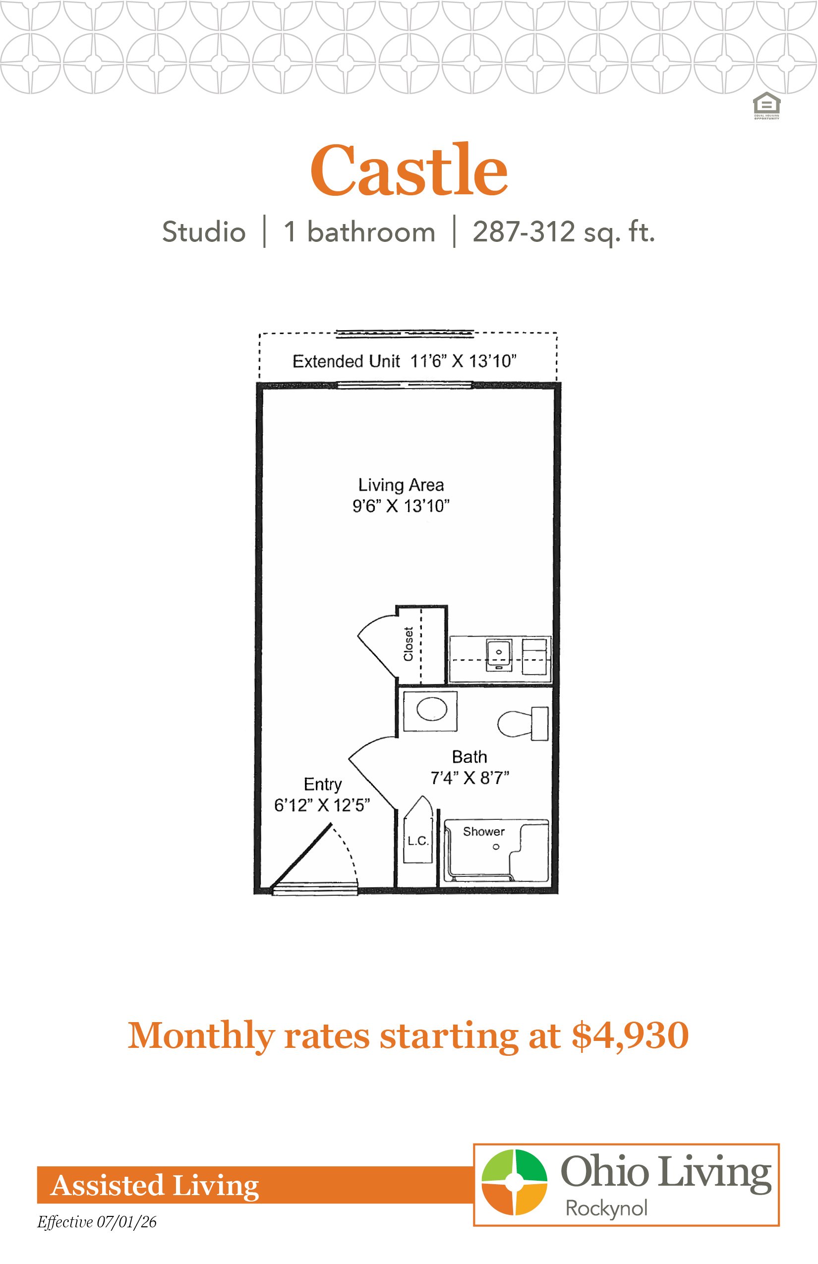Castle floor plan: Studio, 1-bath apartment (287–312 sq. ft.) with an open living/sleeping area, kitchenette, accessible bathroom, and closet. Monthly rates starting at $4,930.