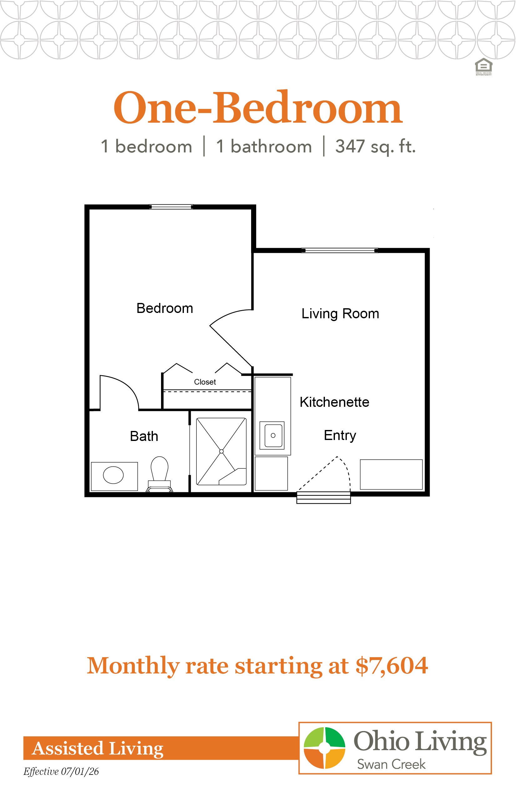 One‑Bedroom floor plan, 347 sq ft, with bedroom, living room, kitchenette, bath, closet, and entry. Monthly rate starting at $7,604.