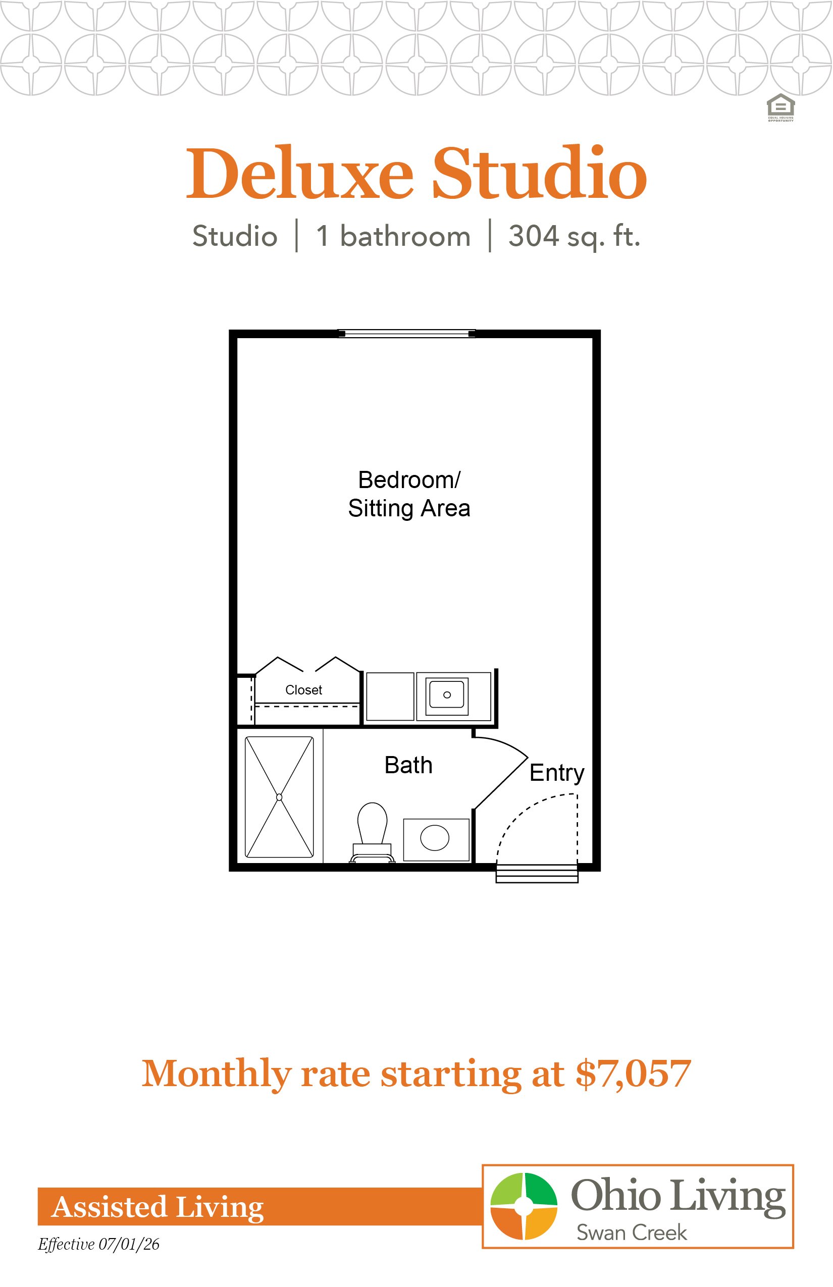 Deluxe Studio floor plan, 304 sq ft, with bedroom/sitting area, closet, bath, and entry. Monthly rate starting at $7,057.