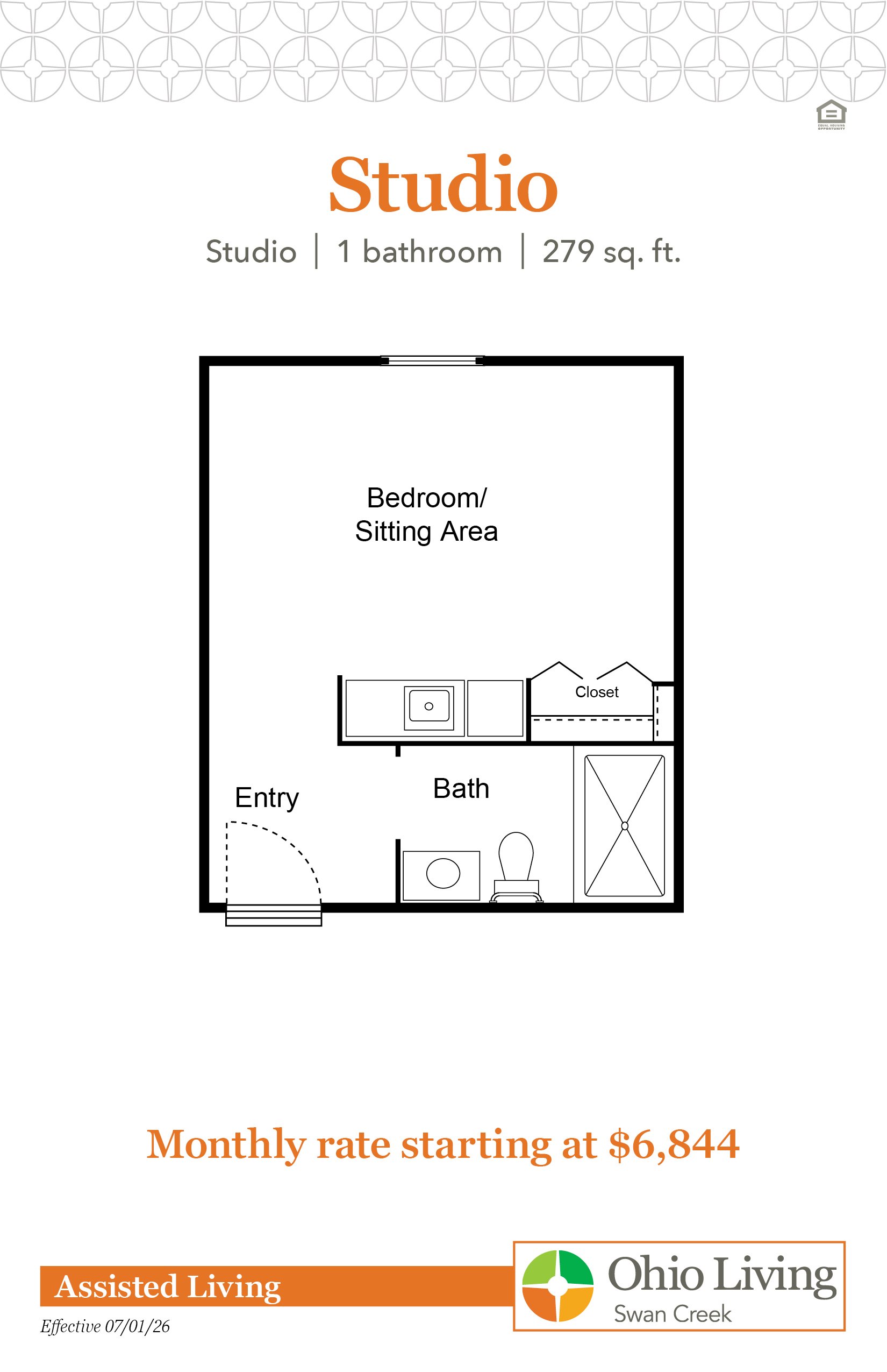 Studio floor plan, 279 sq ft, showing combined bedroom/sitting area, closet, entry, and bath. Monthly rate starting at $6,844.