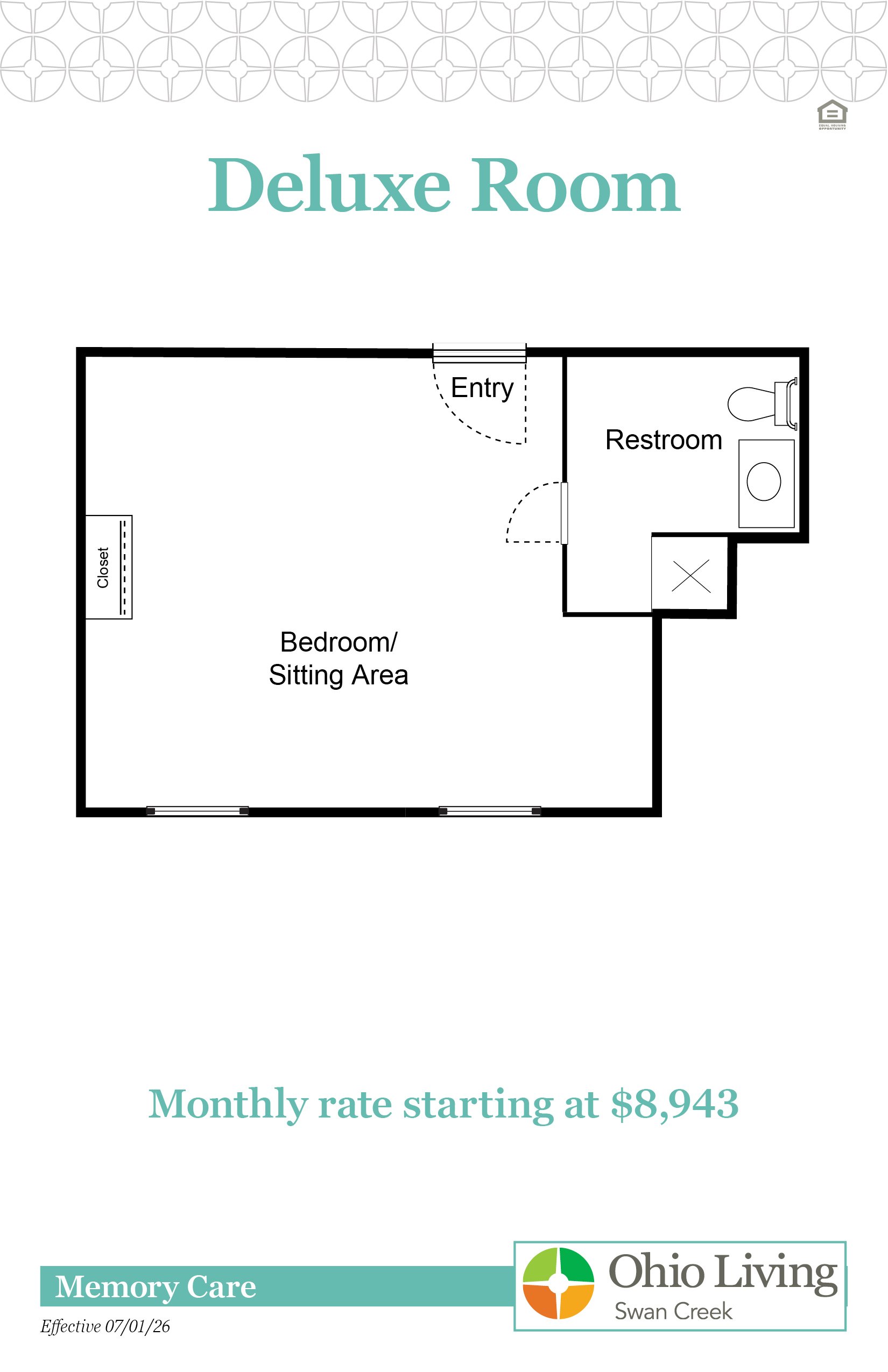 Deluxe Room floor plan with bedroom/sitting area, closet, restroom, and entry. Monthly rate starting at $8,943.