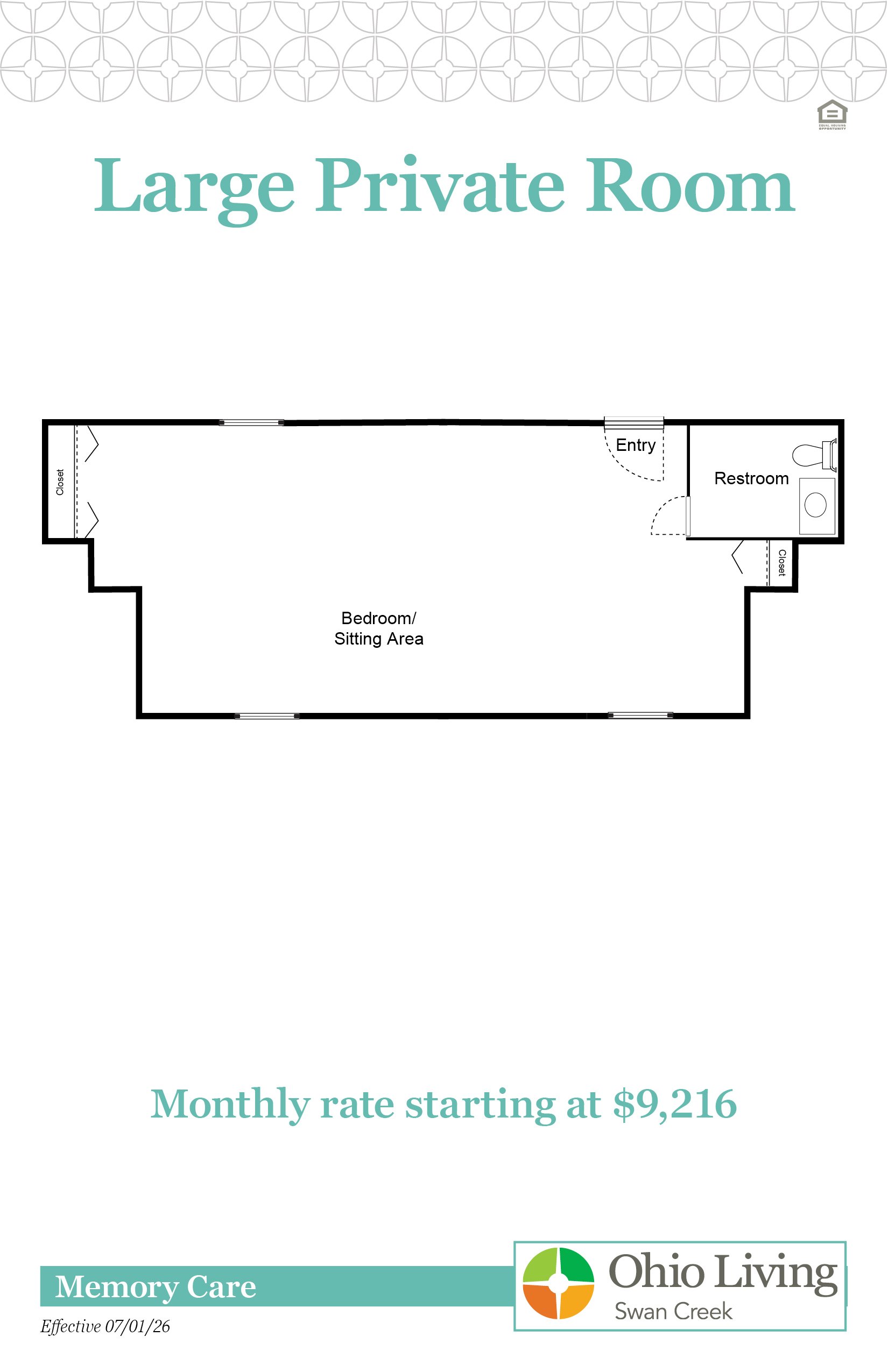Large Private Room floor plan with bedroom/sitting area, two closets, restroom, and entry. Monthly rate starting at $9,216.