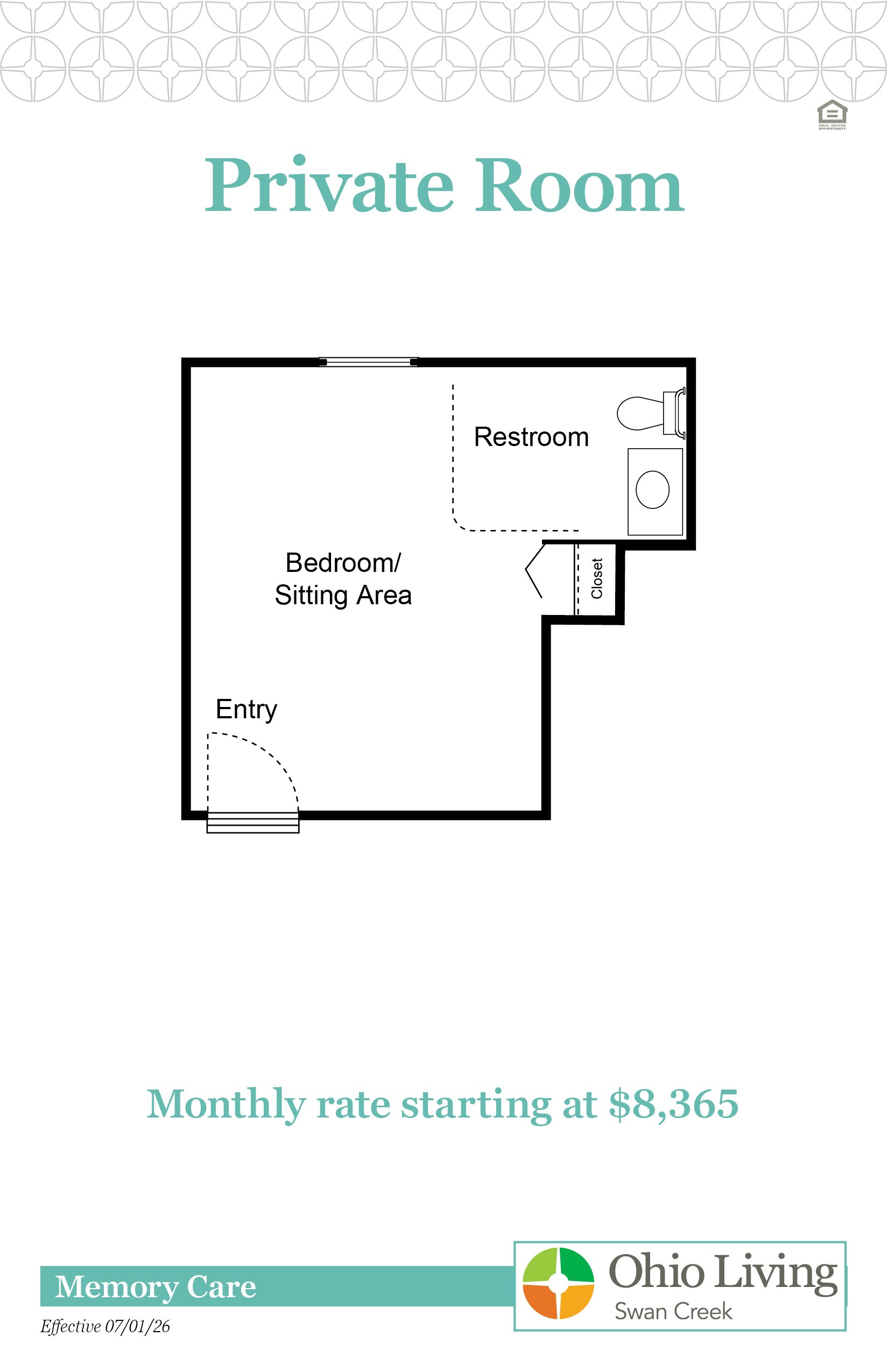 Private Room floor plan with bedroom/sitting area, closet, restroom, and entry. Monthly rate starting at $8,365.