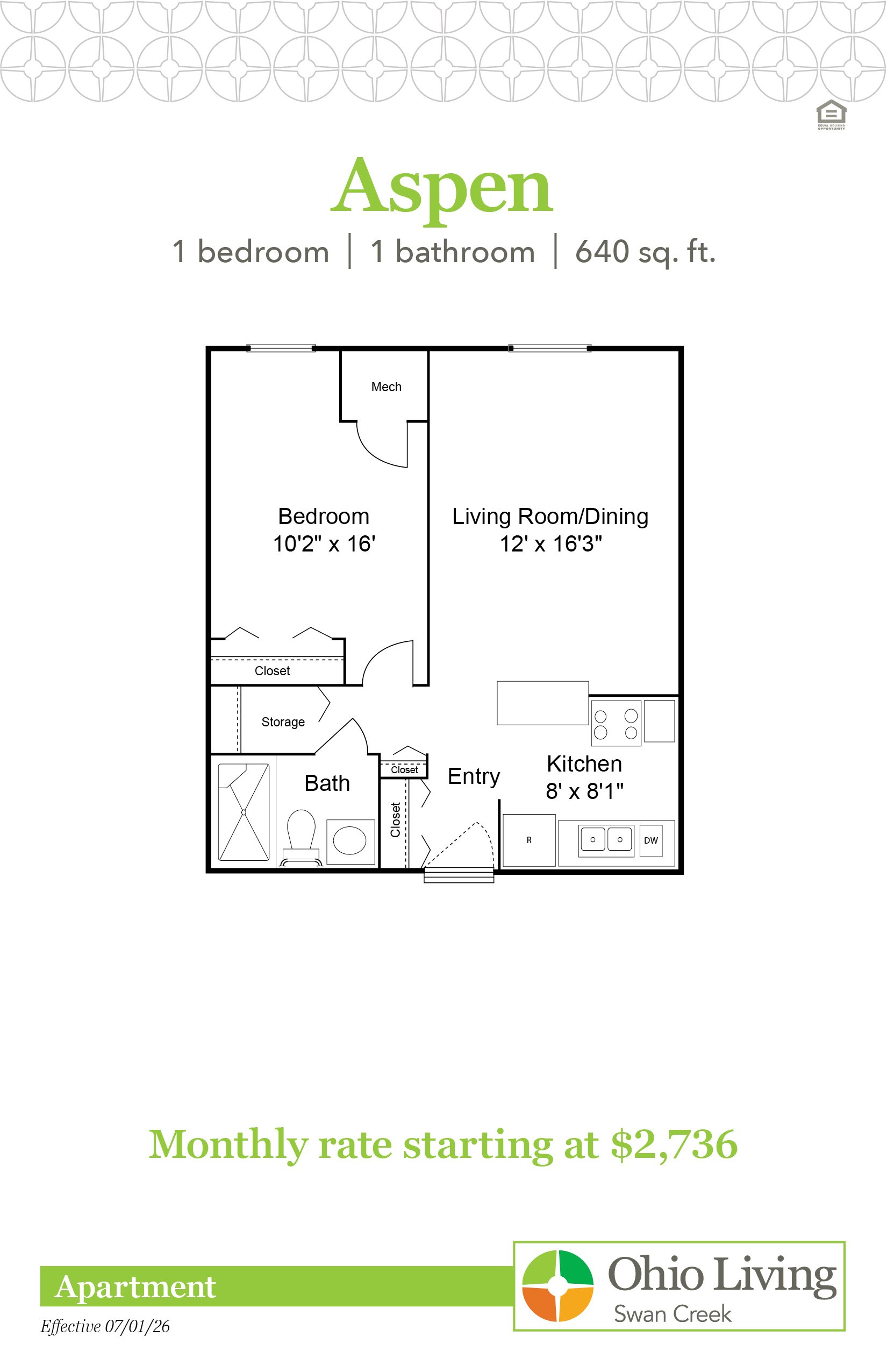 Aspen apartment floor plan, 640 sq ft, with bedroom, living/dining area, kitchen, bath, closets, storage, and entry. Monthly rate starting at $2,736.
