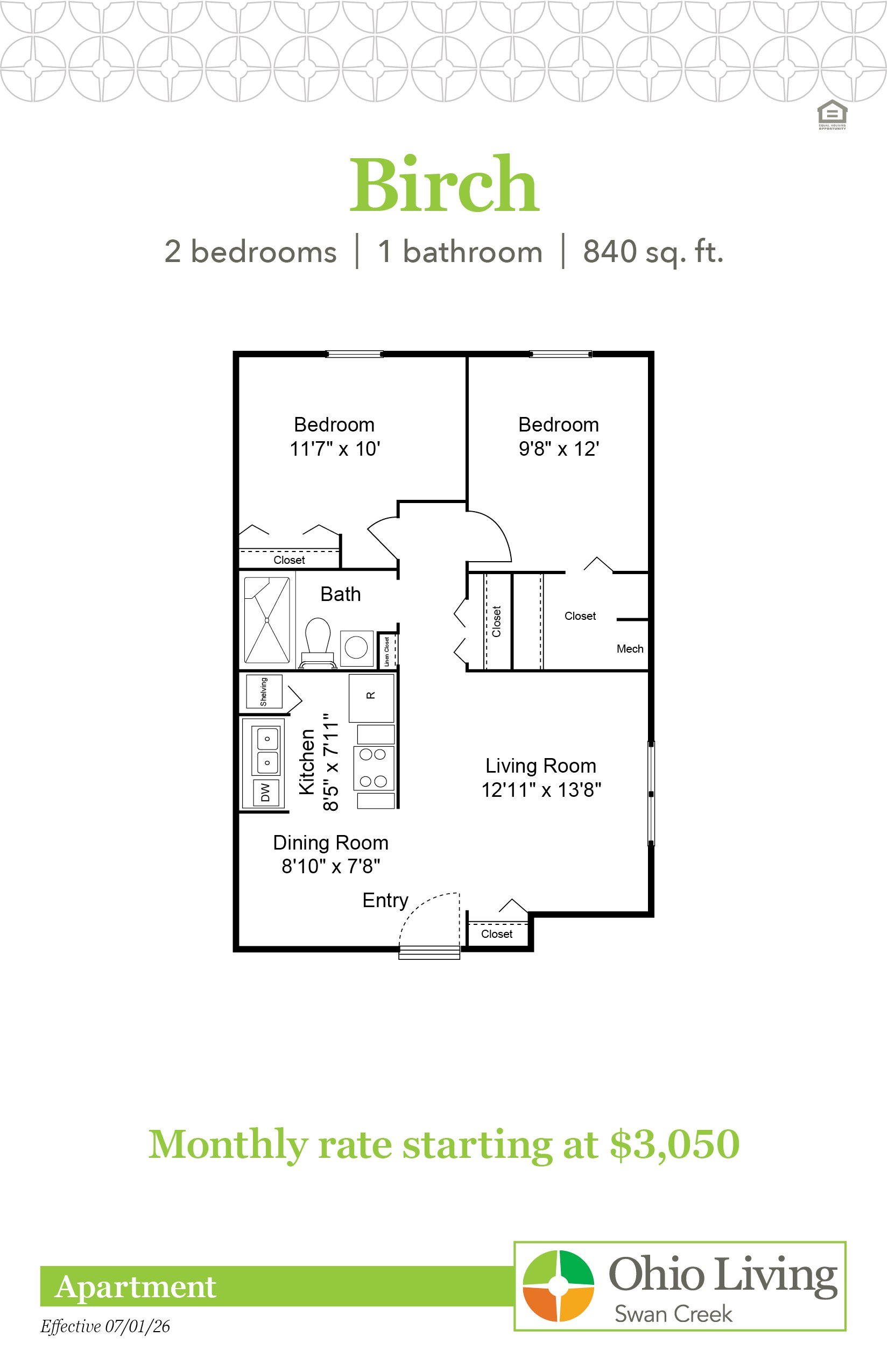 Birch apartment floor plan, 840 sq ft, with two bedrooms, bath, living and dining rooms, kitchen, closets, linen, shelving, and entry. Monthly rate starting at $3,050.