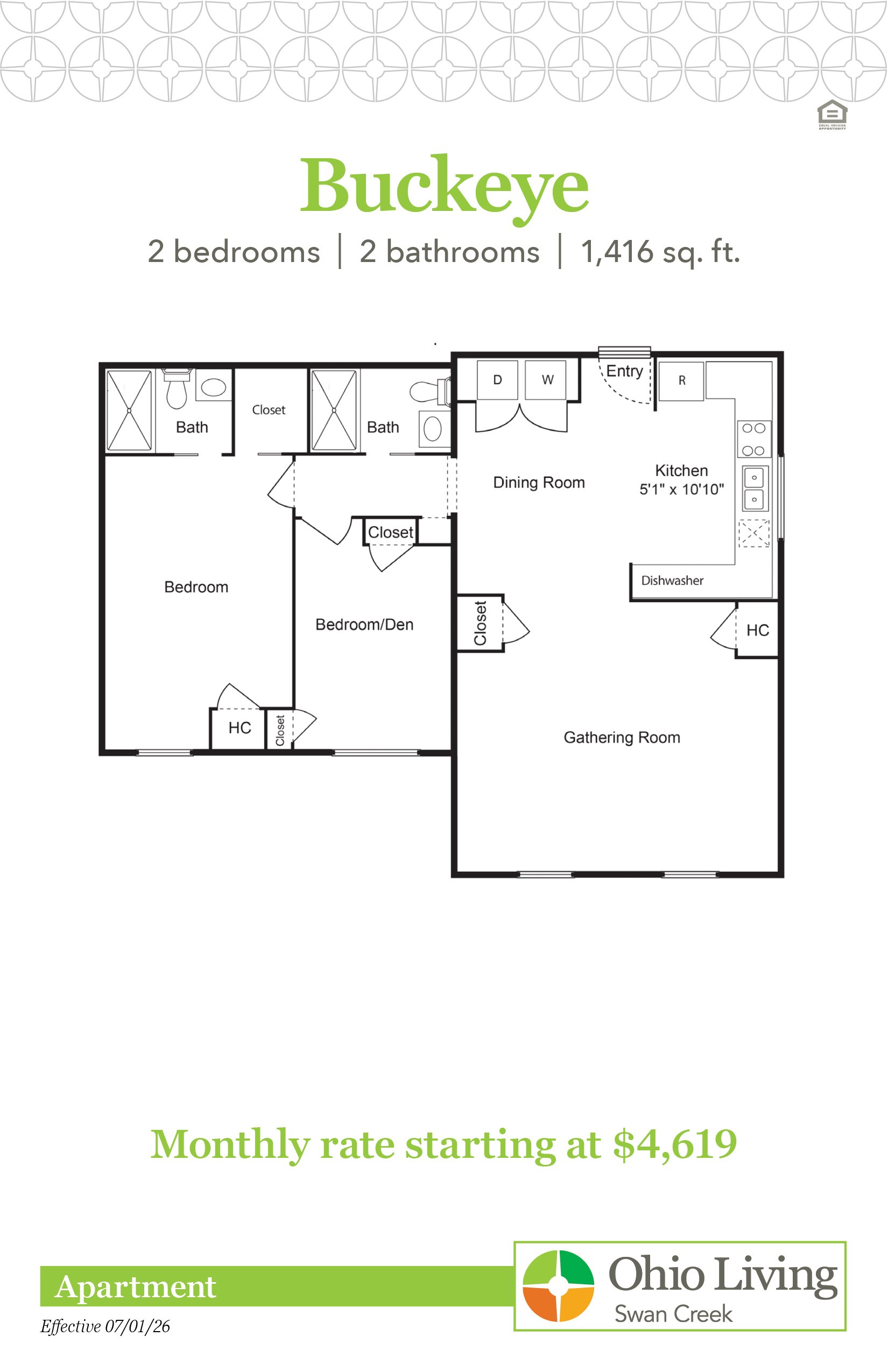 Buckeye apartment floor plan, 1,416 sq ft, with two bedrooms, two baths, gathering room, dining room, kitchen, closets, and entry. Monthly rate starting at $4,619.