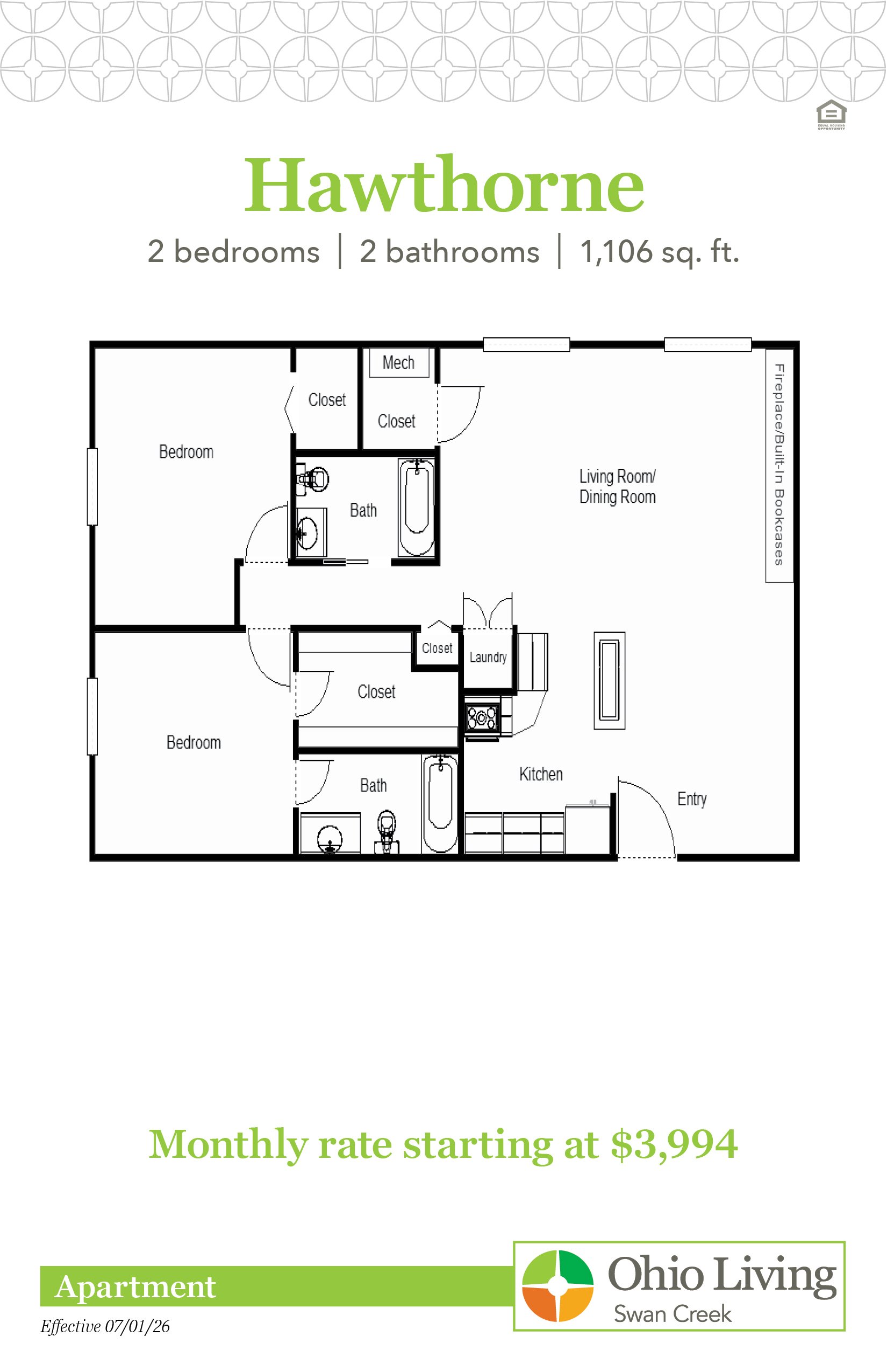 Hawthorne apartment floor plan, 1,106 sq ft, with two bedrooms, two baths, living/dining room, kitchen, laundry, closets, and entry. Monthly rate starting at $3,994.
