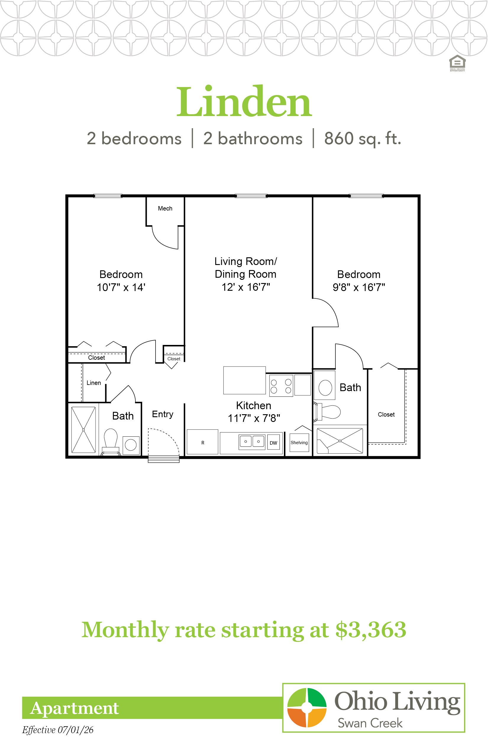 Linden apartment floor plan, 860 sq ft, with two bedrooms, two baths, living/dining room, kitchen, closets, linen, and entry. Monthly rate starting at $3,363.