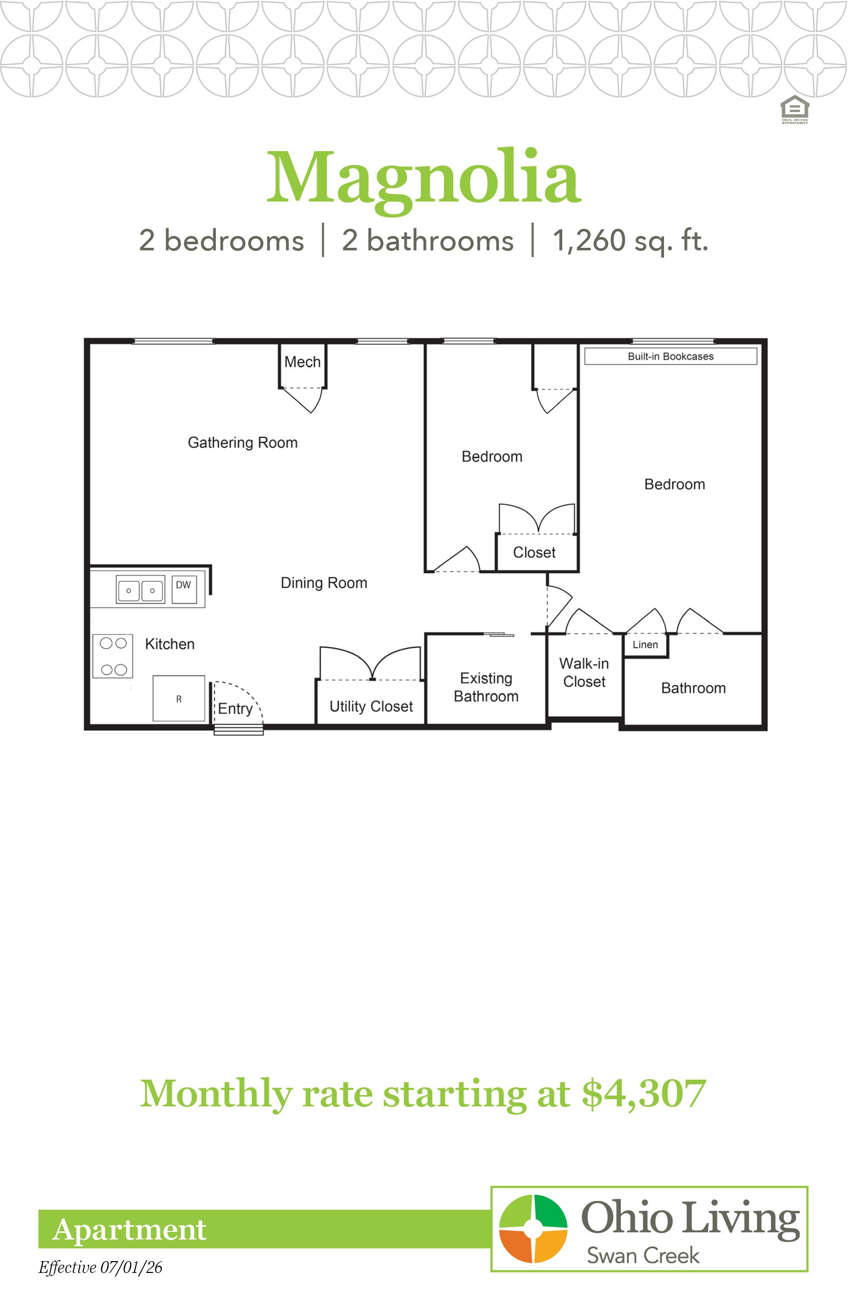 Magnolia apartment floor plan, 1,260 sq ft, with two bedrooms, two baths, gathering room, dining room, kitchen, walk‑in closet, utility closet, and entry. Monthly rate starting at $4,307.