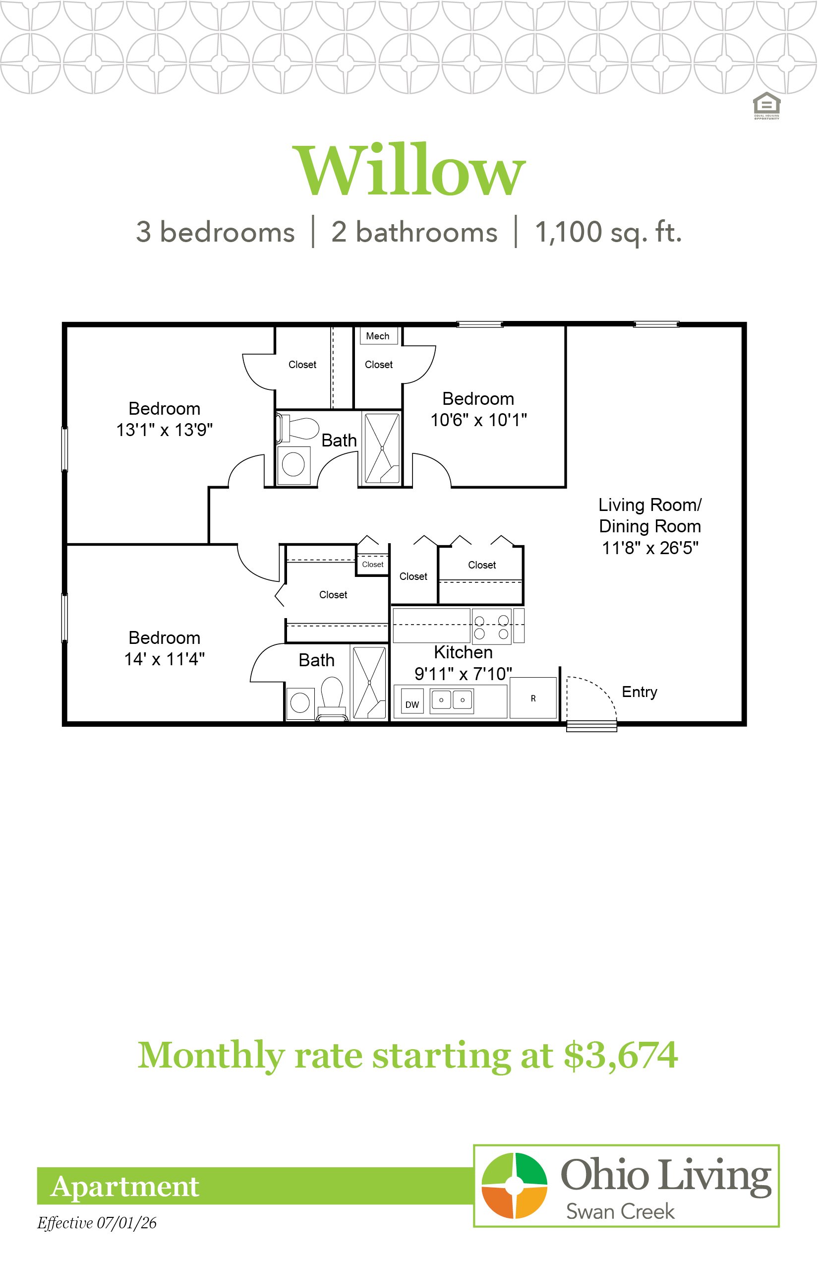 Willow apartment floor plan, 1,100 sq ft, with three bedrooms, two baths, living/dining room, kitchen, closets, and entry. Monthly rate starting at $3,674.
