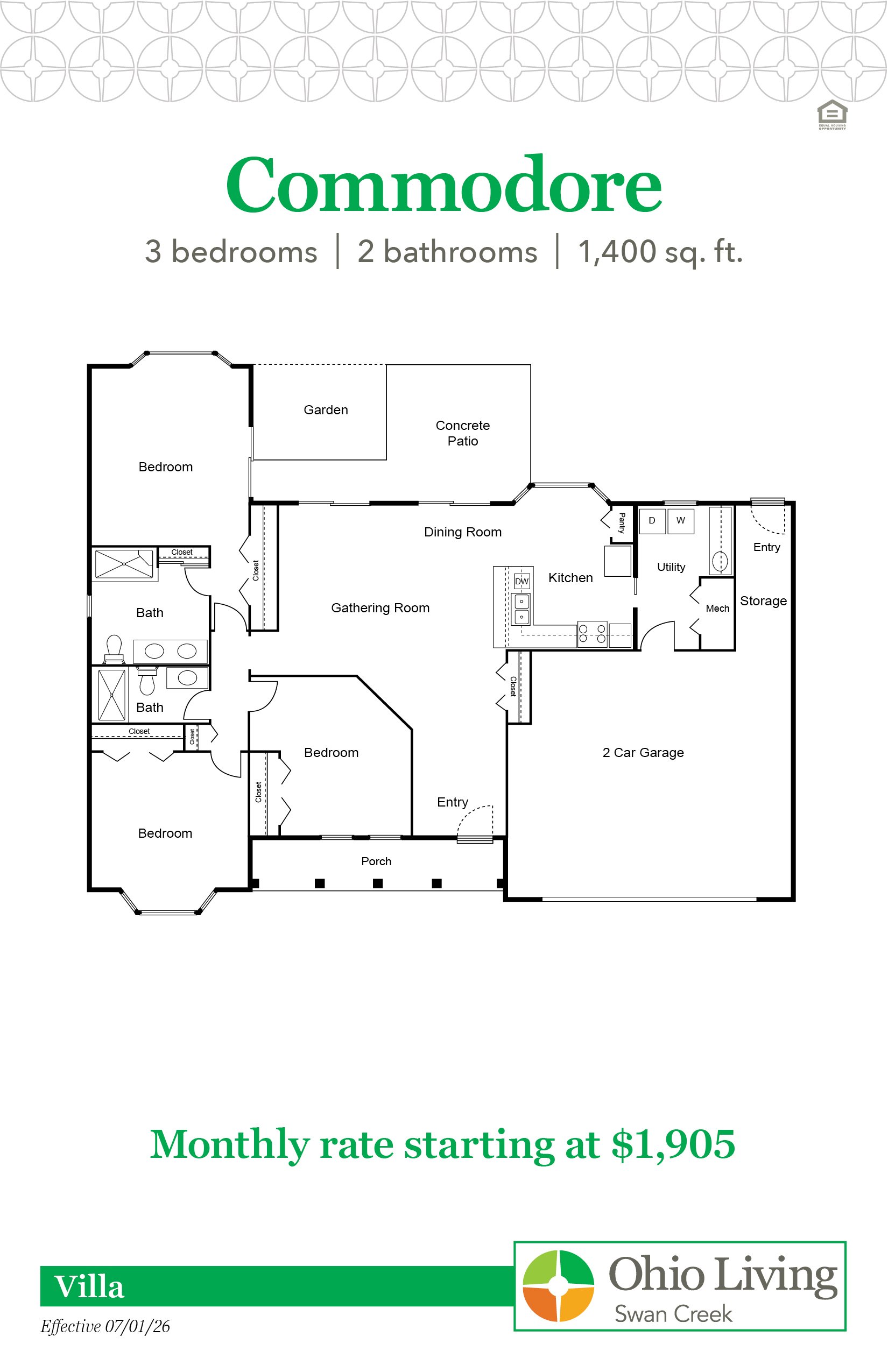 Commodore villa floor plan, 1,400 sq ft, with three bedrooms, two baths, gathering room, kitchen, dining, storage, utility, closets, patio, porch, and two‑car garage. Monthly rate starting at $1,905.