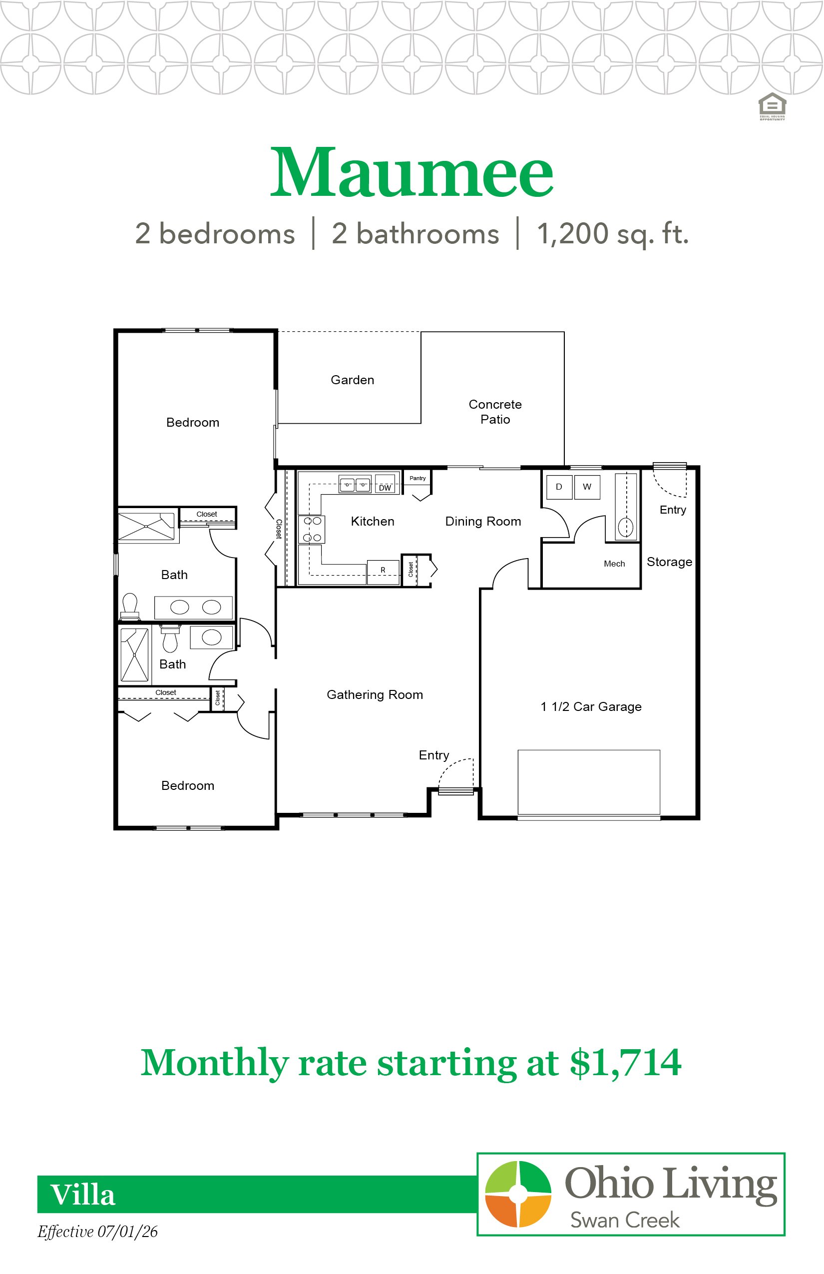 Maumee villa floor plan, 1,200 sq ft, with two bedrooms, two baths, gathering room, kitchen, dining, storage, closets, patio, and 1.5‑car garage. Monthly rate starting at $1,714.