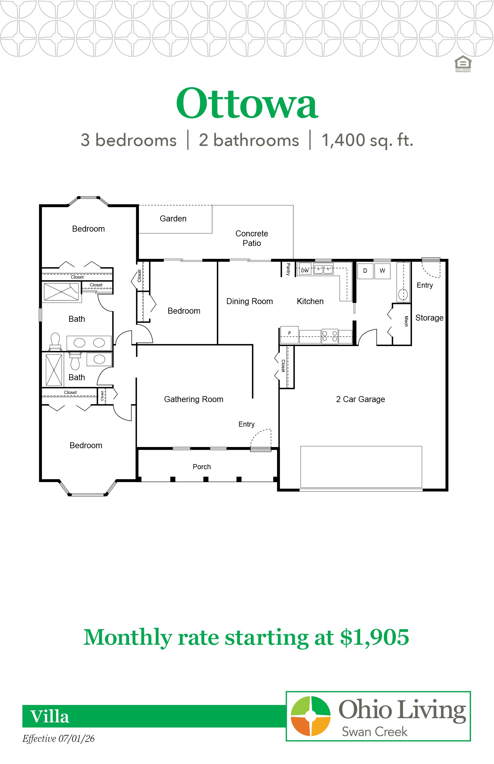 Ottowa villa floor plan, 1,400 sq ft, with three bedrooms, two baths, gathering room, kitchen, dining, storage, closets, patio, porch, and two‑car garage. Monthly rate starting at $1,905.
