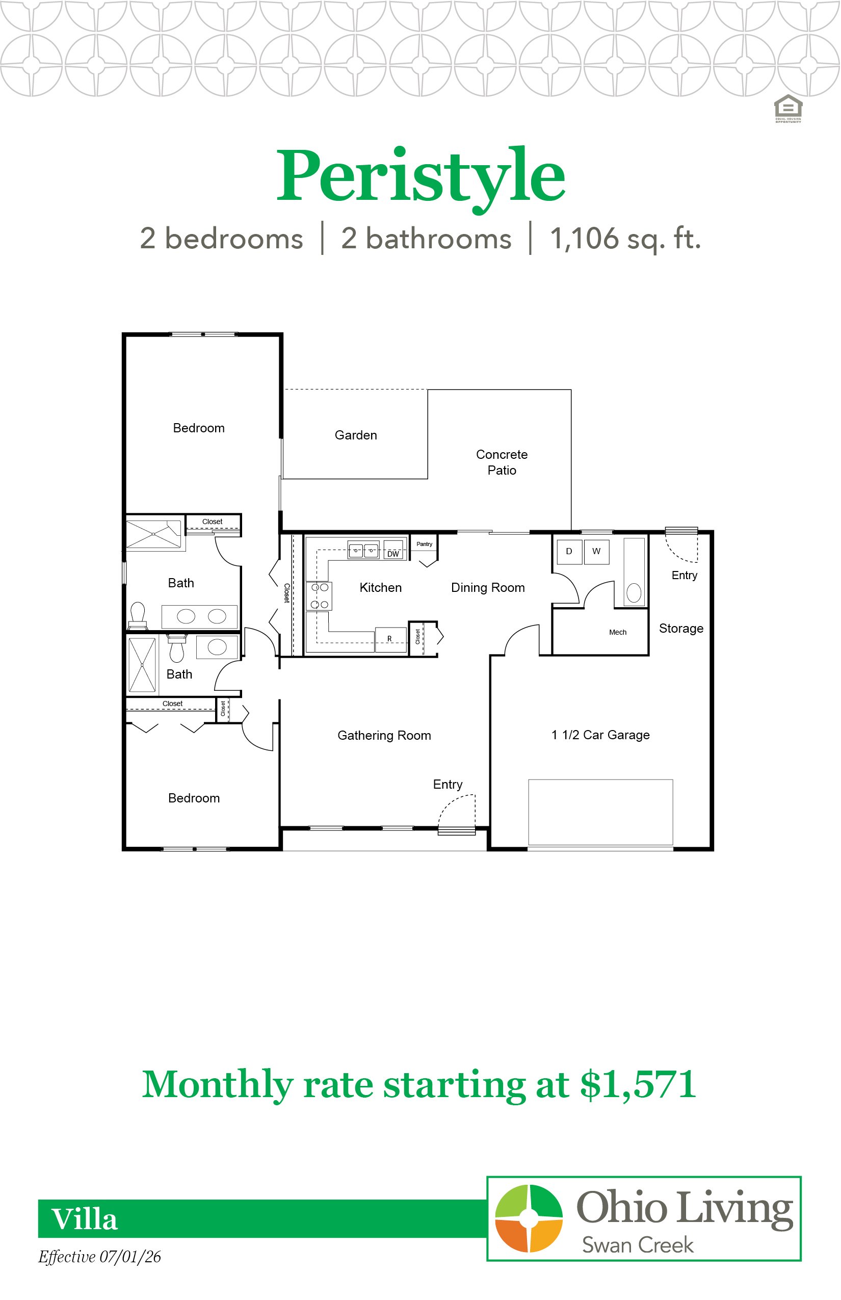 Peristyle villa floor plan, 1,106 sq ft, with two bedrooms, two baths, gathering room, kitchen, dining, storage, closets, patio, and 1.5‑car garage. Monthly rate starting at $1,571.
