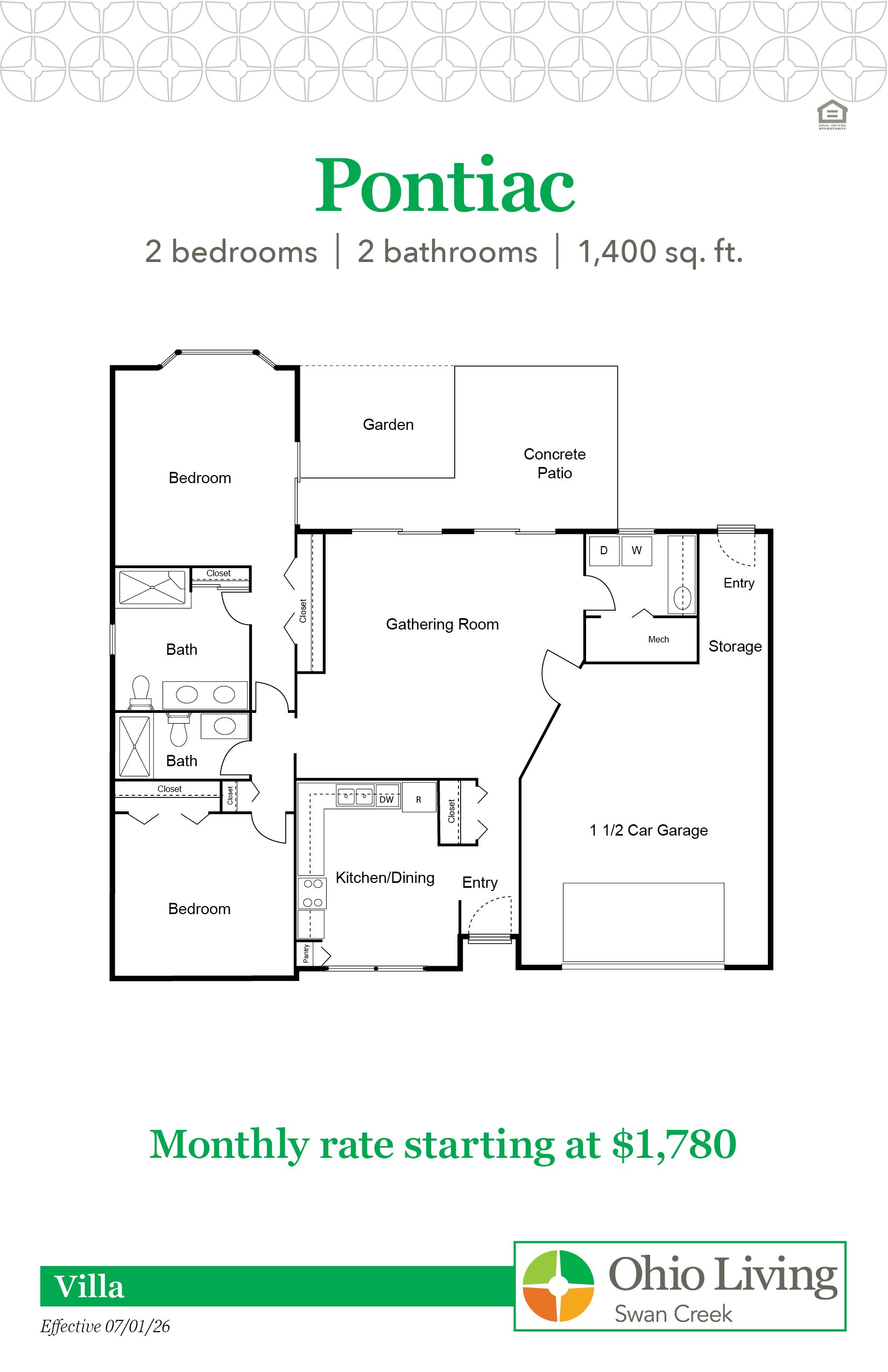 Pontiac villa floor plan, 1,400 sq ft, with two bedrooms, two baths, gathering room, kitchen/dining, storage, closets, patio, and 1.5‑car garage. Monthly rate starting at $1,780.