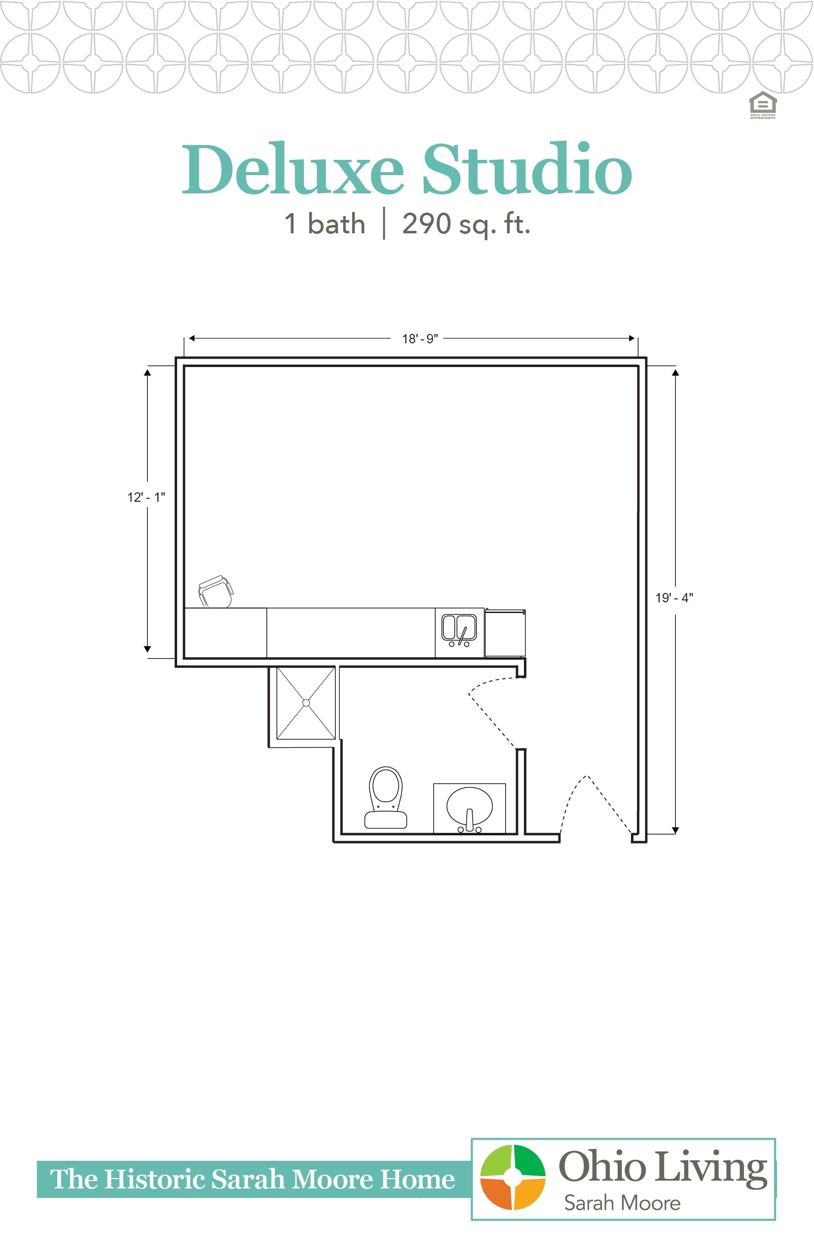 Deluxe Studio floor plan, 290 sq ft, showing larger open living/sleeping area with labeled dimensions. The Historic Sarah Moore Home.