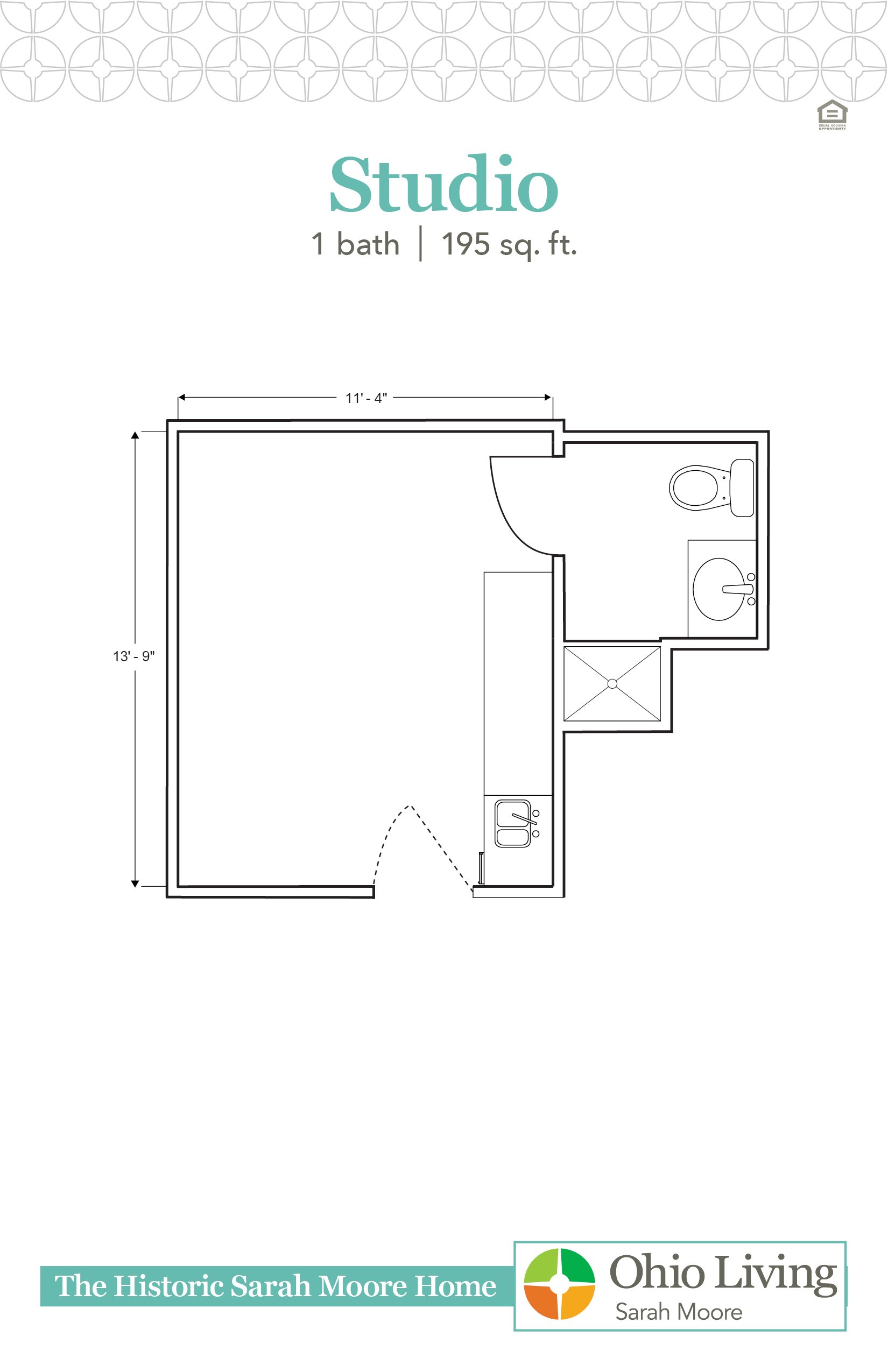 Studio floor plan, 195 sq ft, showing open living/sleeping area with labeled dimensions. The Historic Sarah Moore Home.