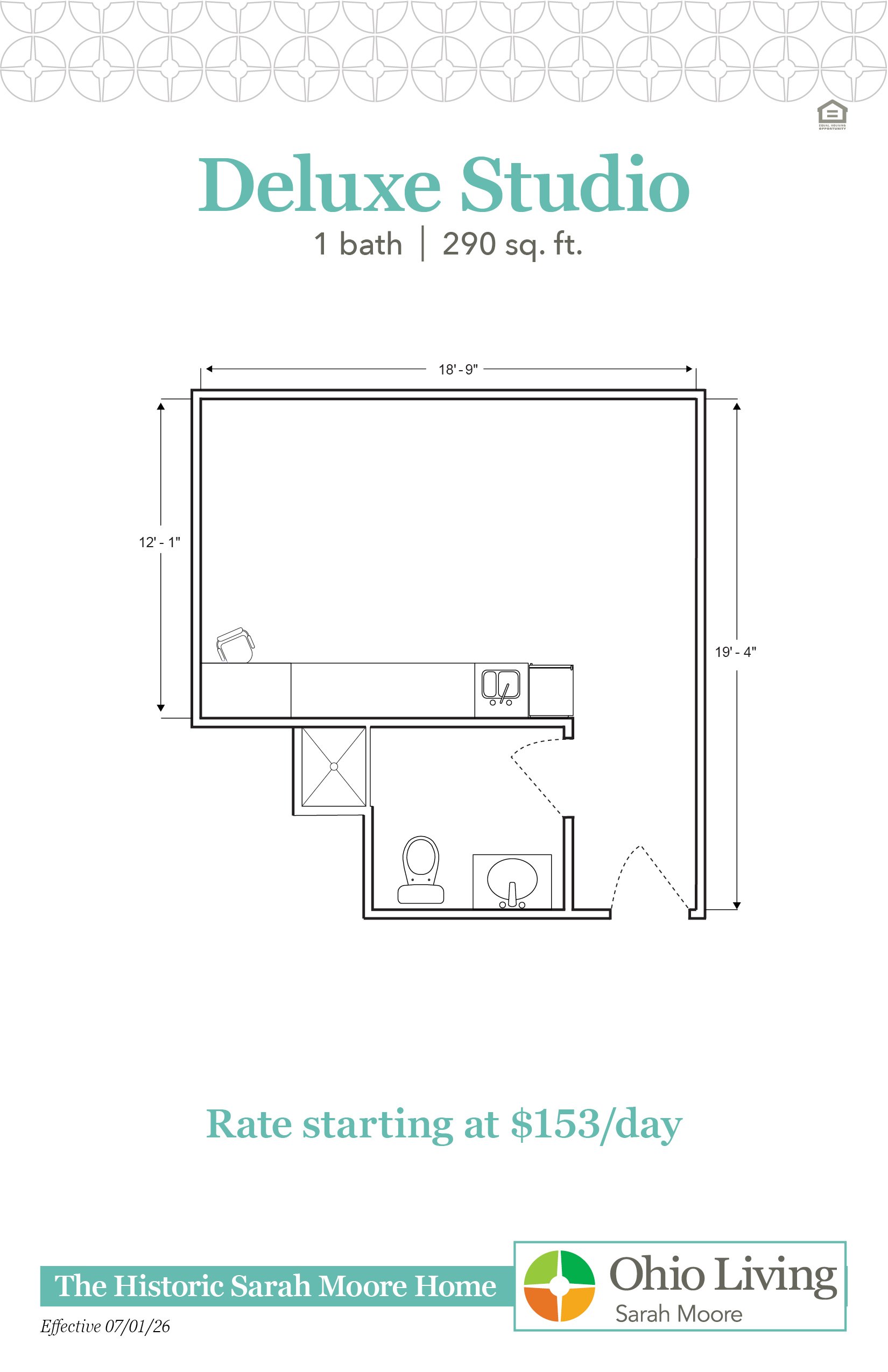 Deluxe Studio floor plan, 290 sq ft, showing larger open living/sleeping area with labeled dimensions. Rate starting at $153/day.
