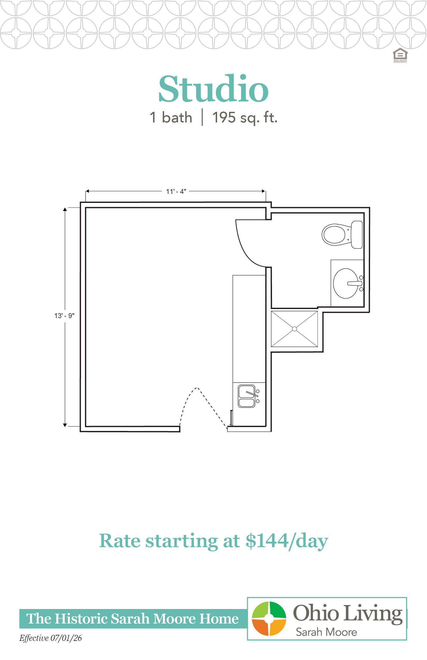 Studio floor plan, 195 sq ft, showing open living/sleeping area with labeled dimensions. Rate starting at $144/day.