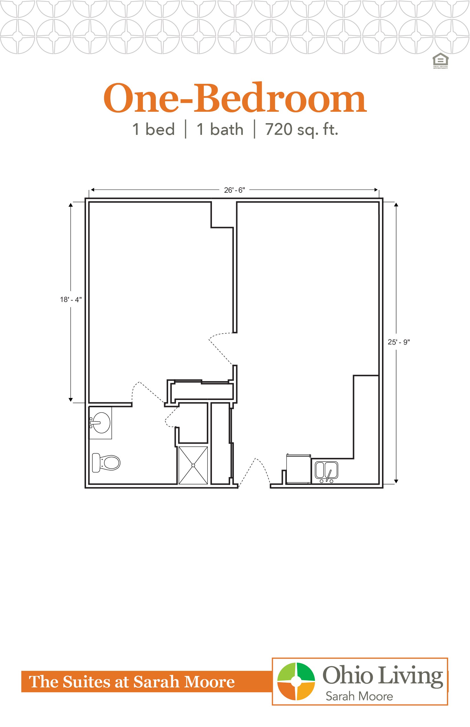 One‑Bedroom floor plan, 720 sq ft, showing bedroom and living area with labeled dimensions. The Suites at Sarah Moore.
