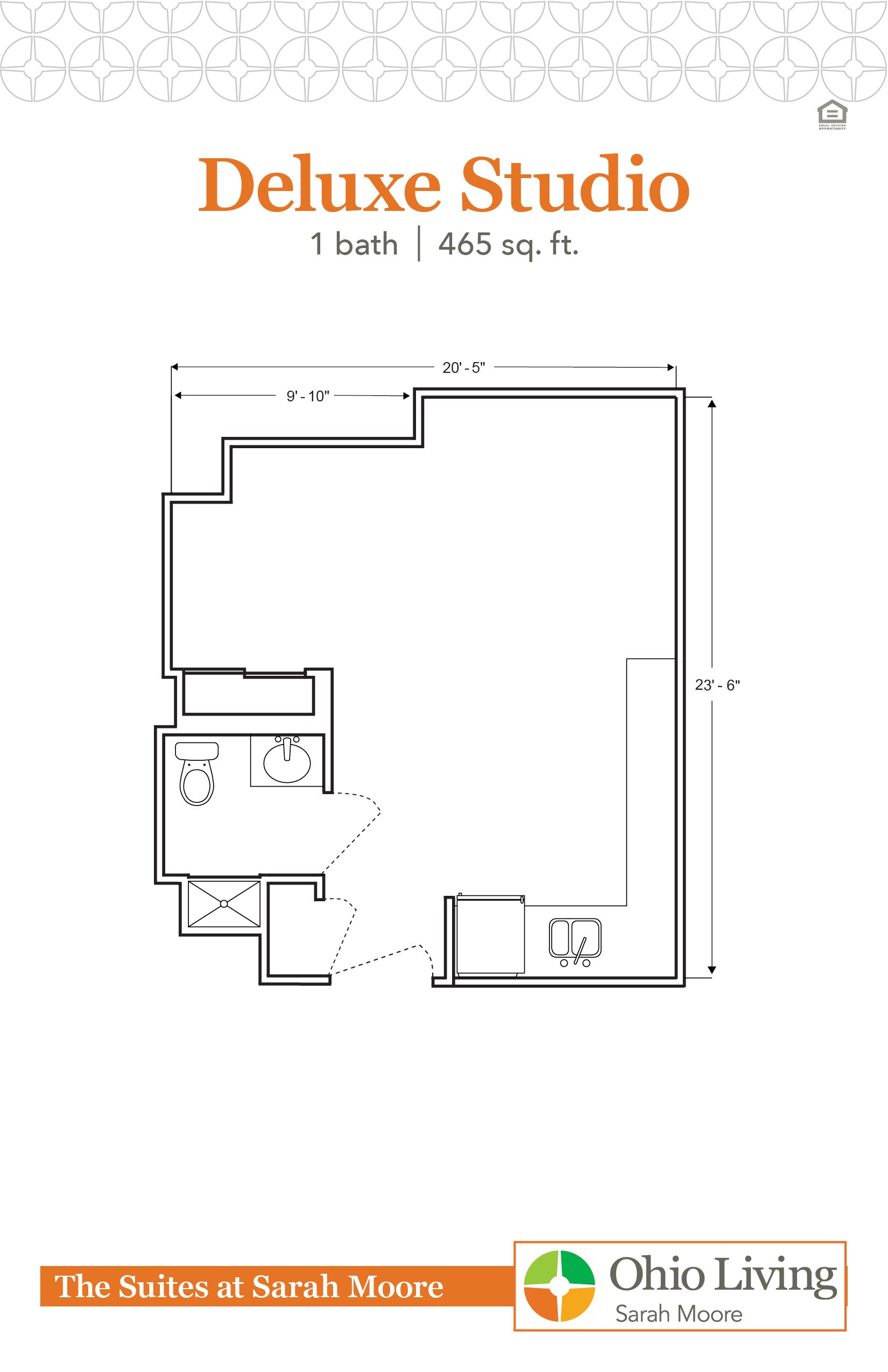Deluxe Studio floor plan, 465 sq ft, showing open living/sleeping area with labeled dimensions. The Suites at Sarah Moore.